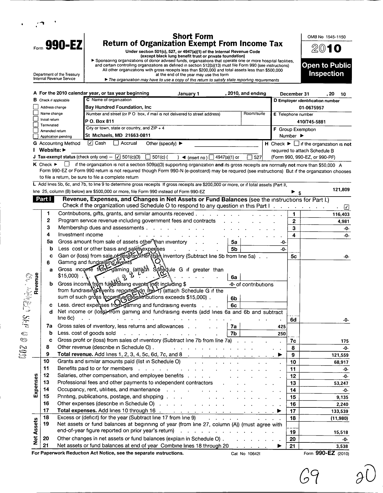 Image of first page of 2010 Form 990EZ for Bay Hundred Foundation