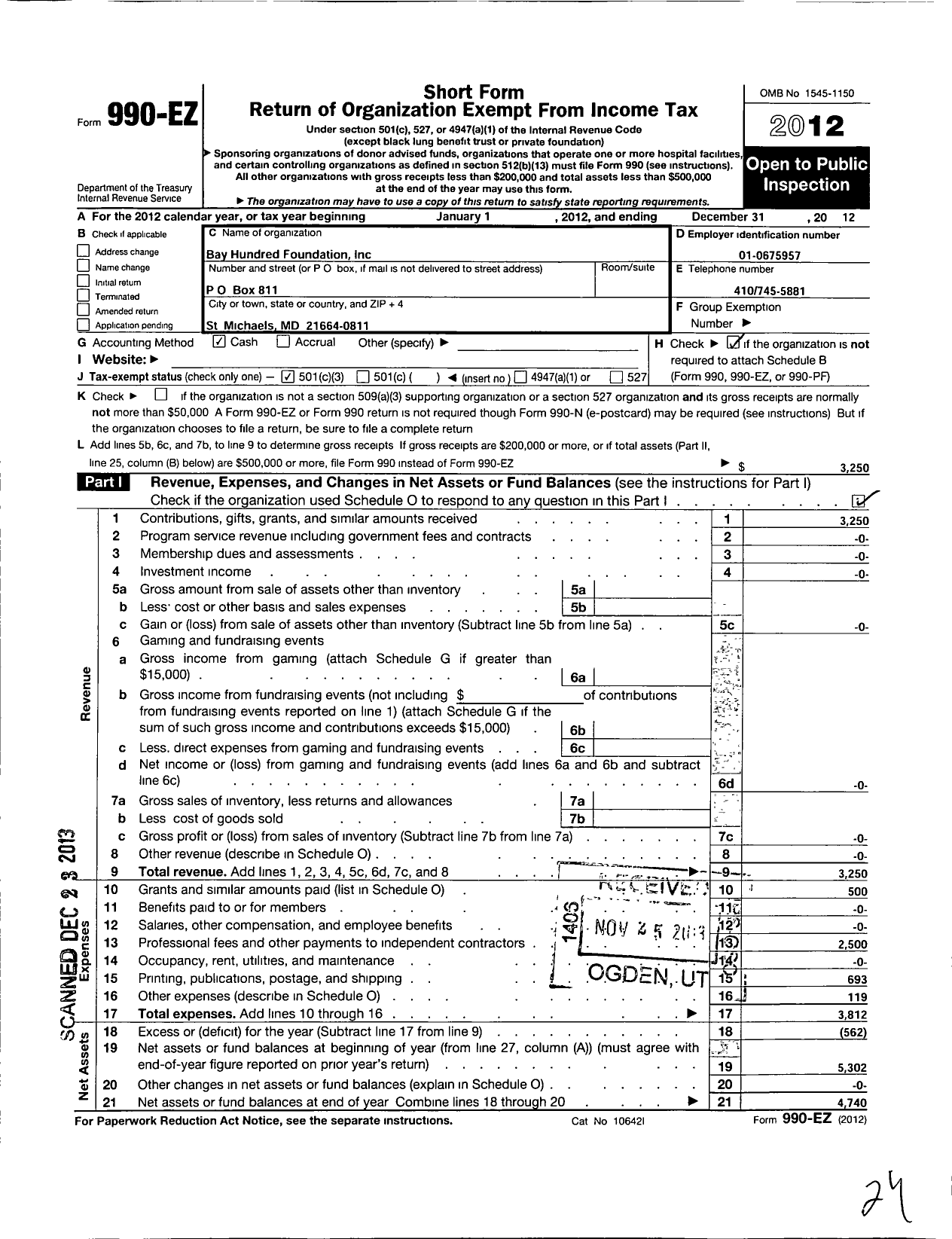 Image of first page of 2012 Form 990EZ for Bay Hundred Foundation