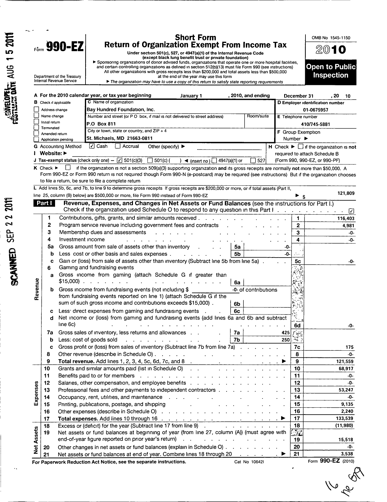 Image of first page of 2010 Form 990EZ for Bay Hundred Foundation