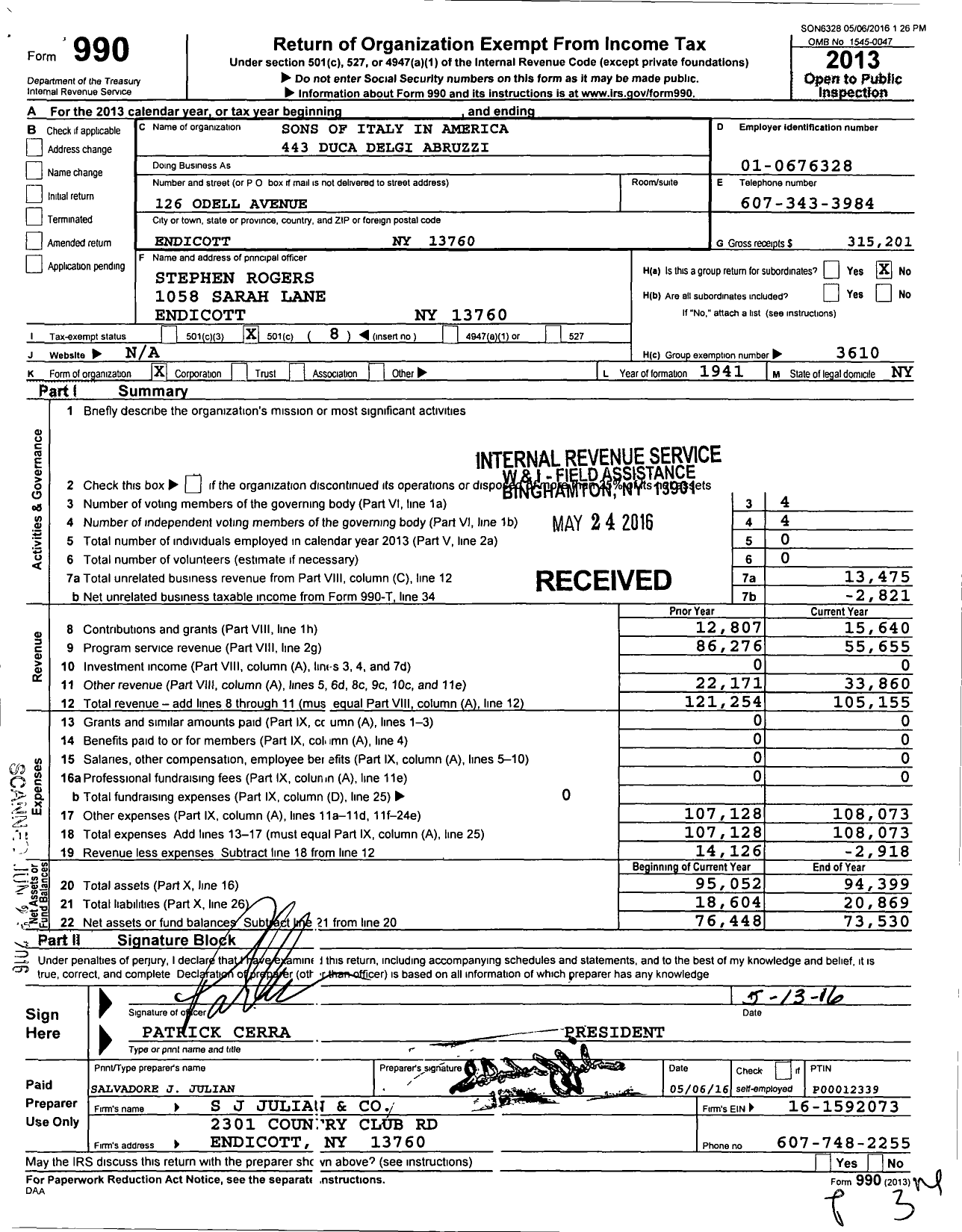 Image of first page of 2013 Form 990O for Sons of Italy / Order Sons of Italy in America