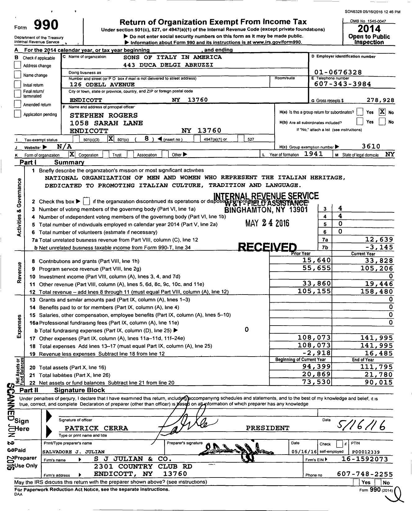 Image of first page of 2014 Form 990O for Sons of Italy / Order Sons of Italy in America