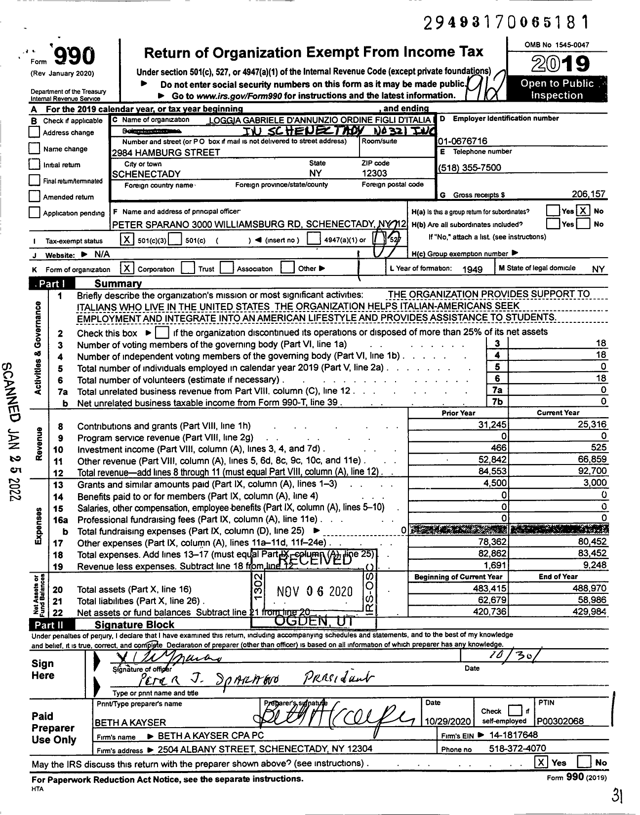 Image of first page of 2019 Form 990 for Loggia Gabriele D'annunzio Ordine Figli D'italia in Schenectady No 321