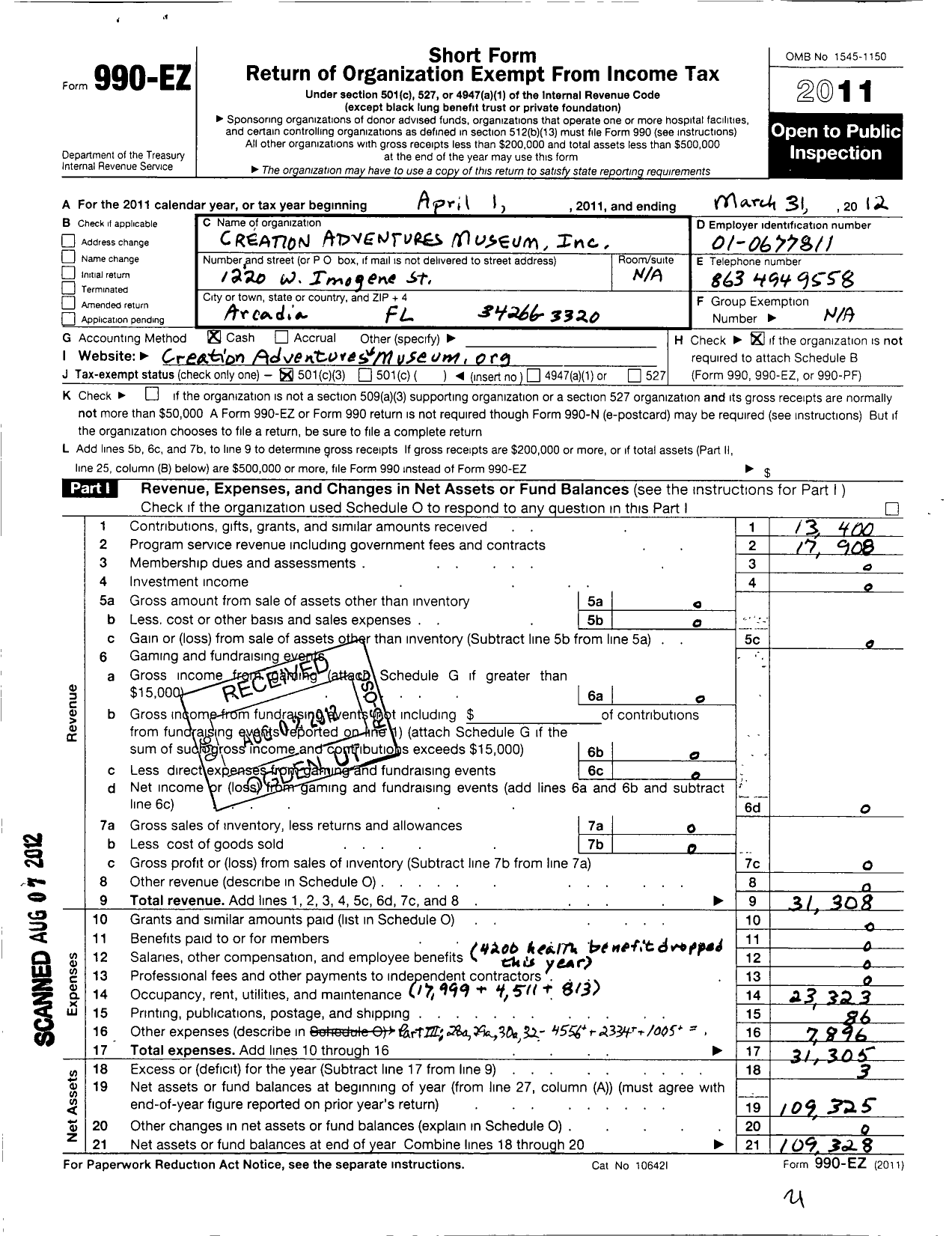 Image of first page of 2011 Form 990EZ for Creation Adventures Museum