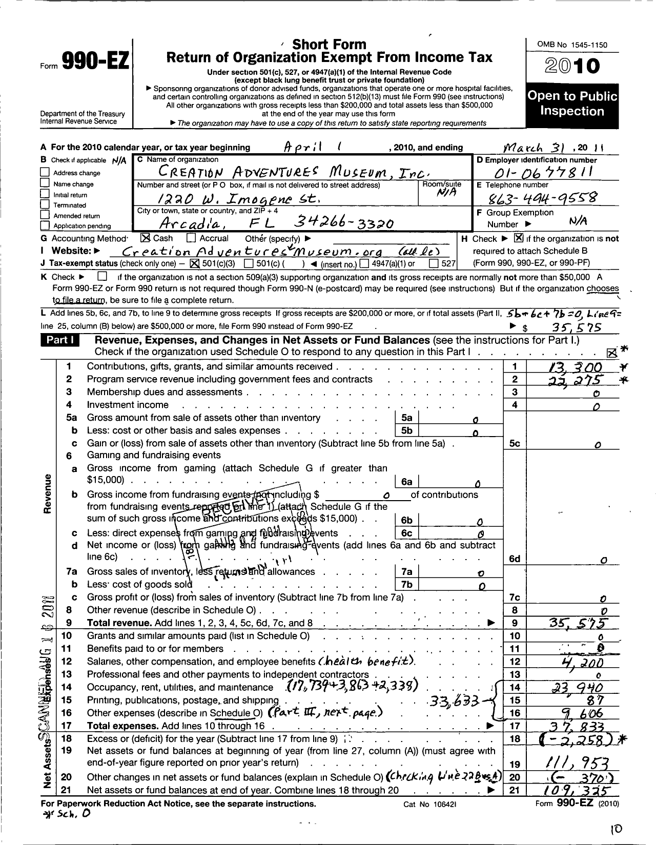 Image of first page of 2010 Form 990EZ for Creation Adventures Museum