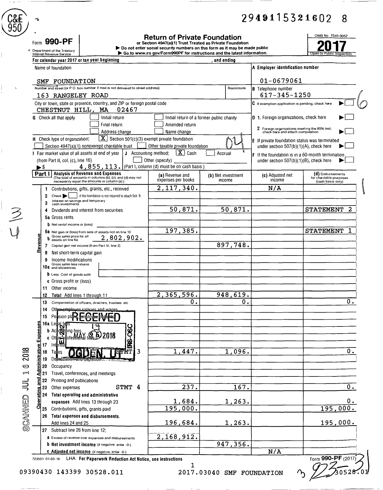 Image of first page of 2017 Form 990PF for SMF Foundation