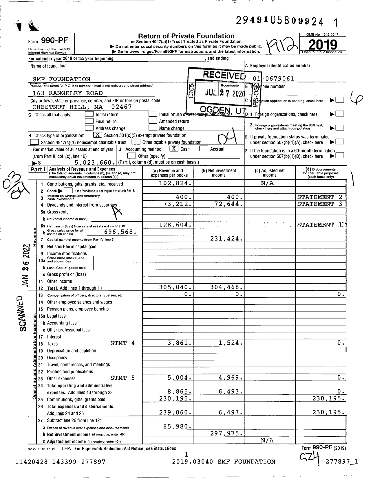 Image of first page of 2019 Form 990PF for SMF Foundation