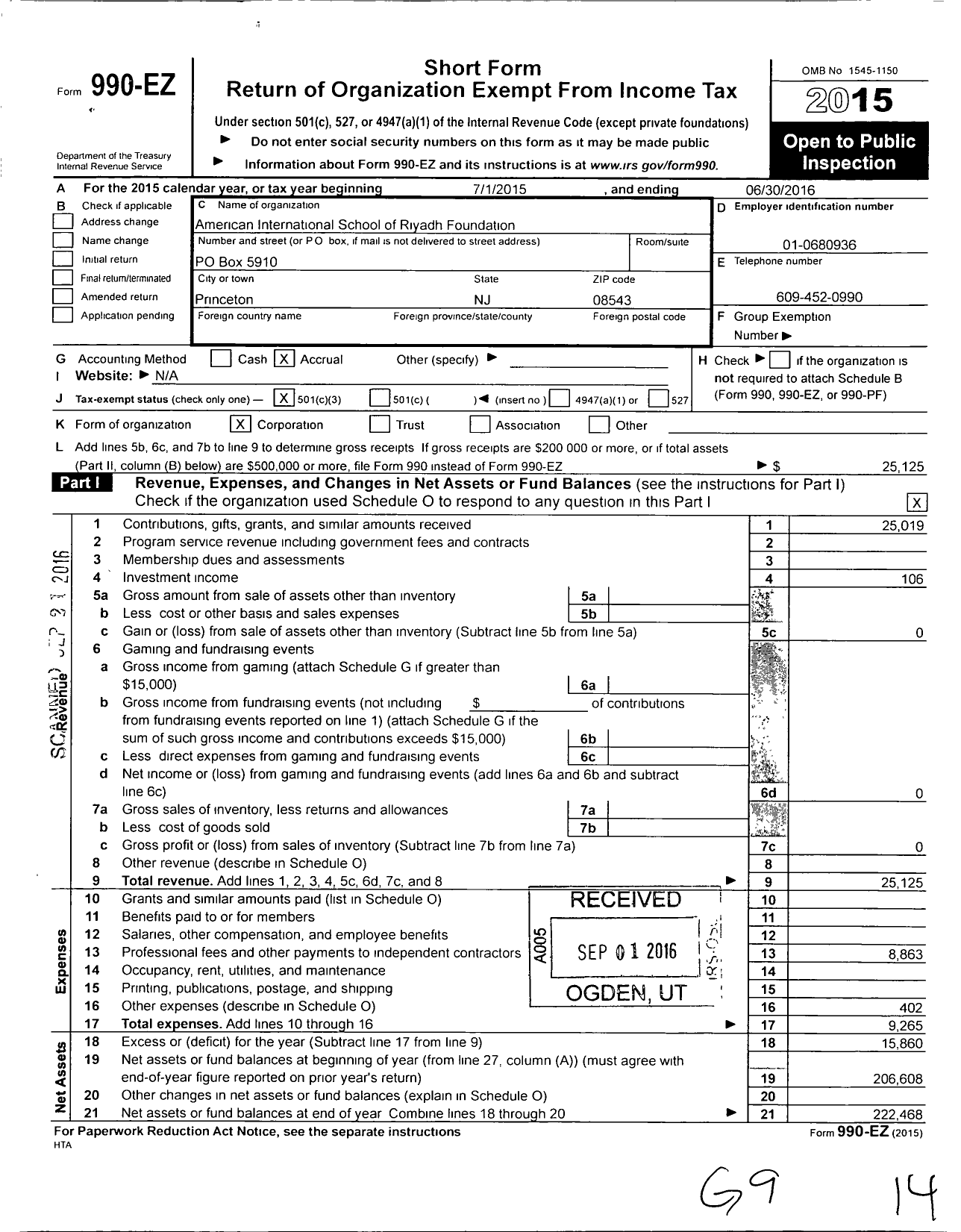 Image of first page of 2015 Form 990EZ for American International School of Riyadh Foundation