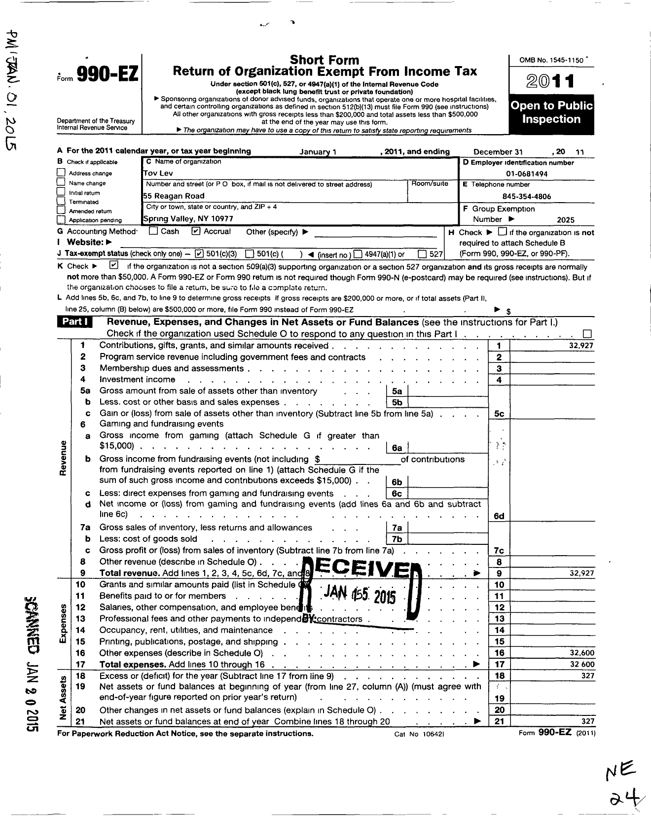 Image of first page of 2011 Form 990EZ for Tov Lev