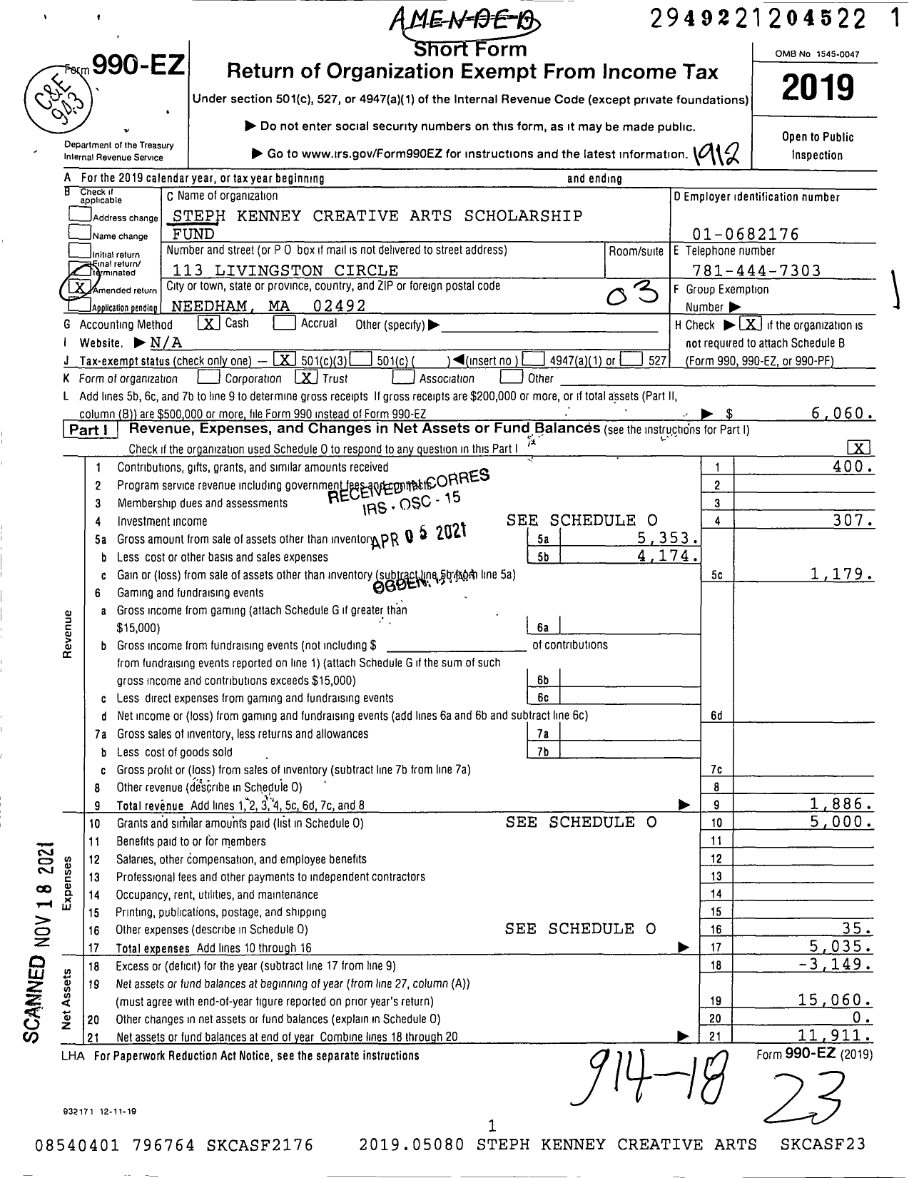 Image of first page of 2019 Form 990EZ for Steph Kenney Creative Arts Scholarship