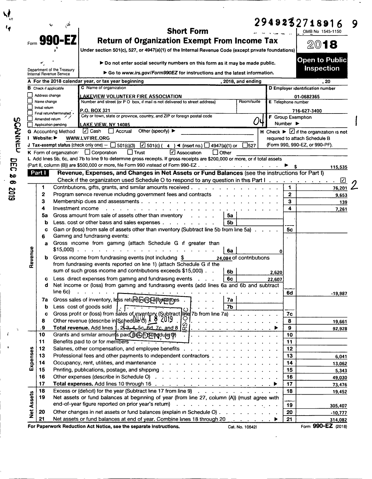 Image of first page of 2018 Form 990EO for Lakeview View Volunteer Fire Association