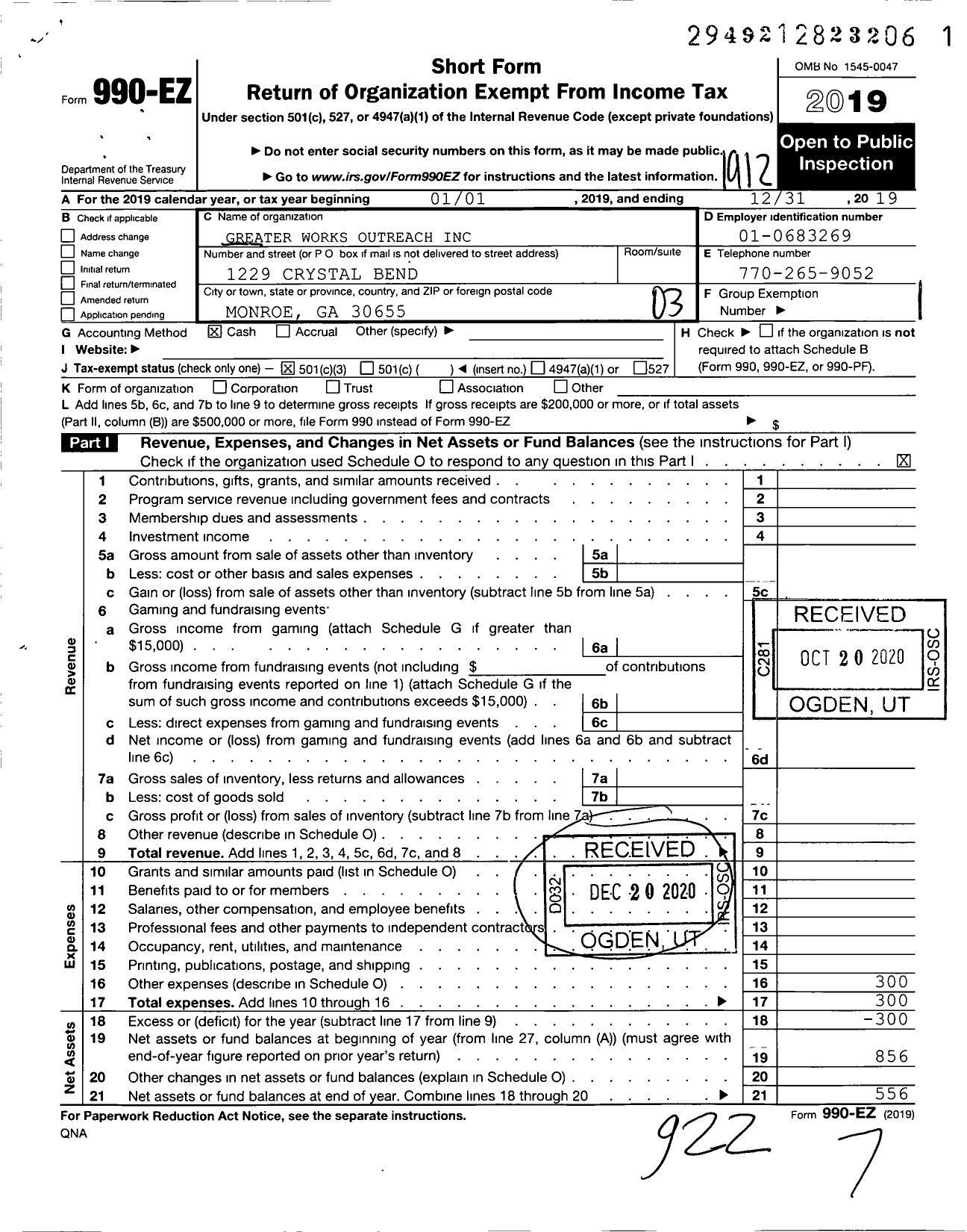 Image of first page of 2019 Form 990EZ for Greater Works Outreach