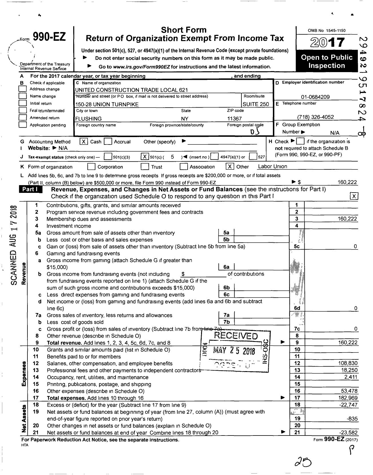 Image of first page of 2017 Form 990EO for United Construction Trade Local 621