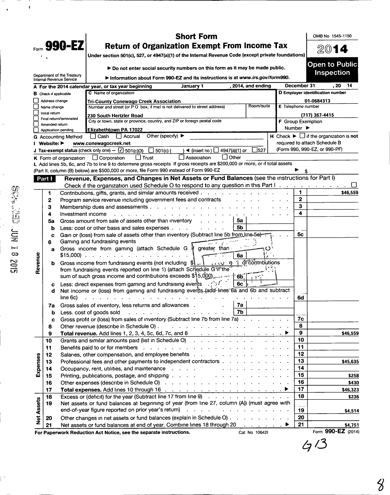 Image of first page of 2014 Form 990EZ for Tri-County Conewago Creek Association