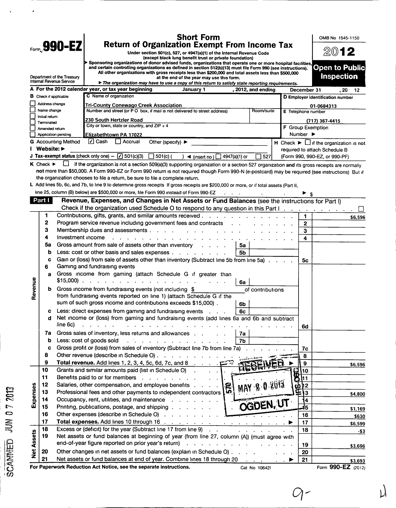 Image of first page of 2012 Form 990EZ for Tri-County Conewago Creek Association