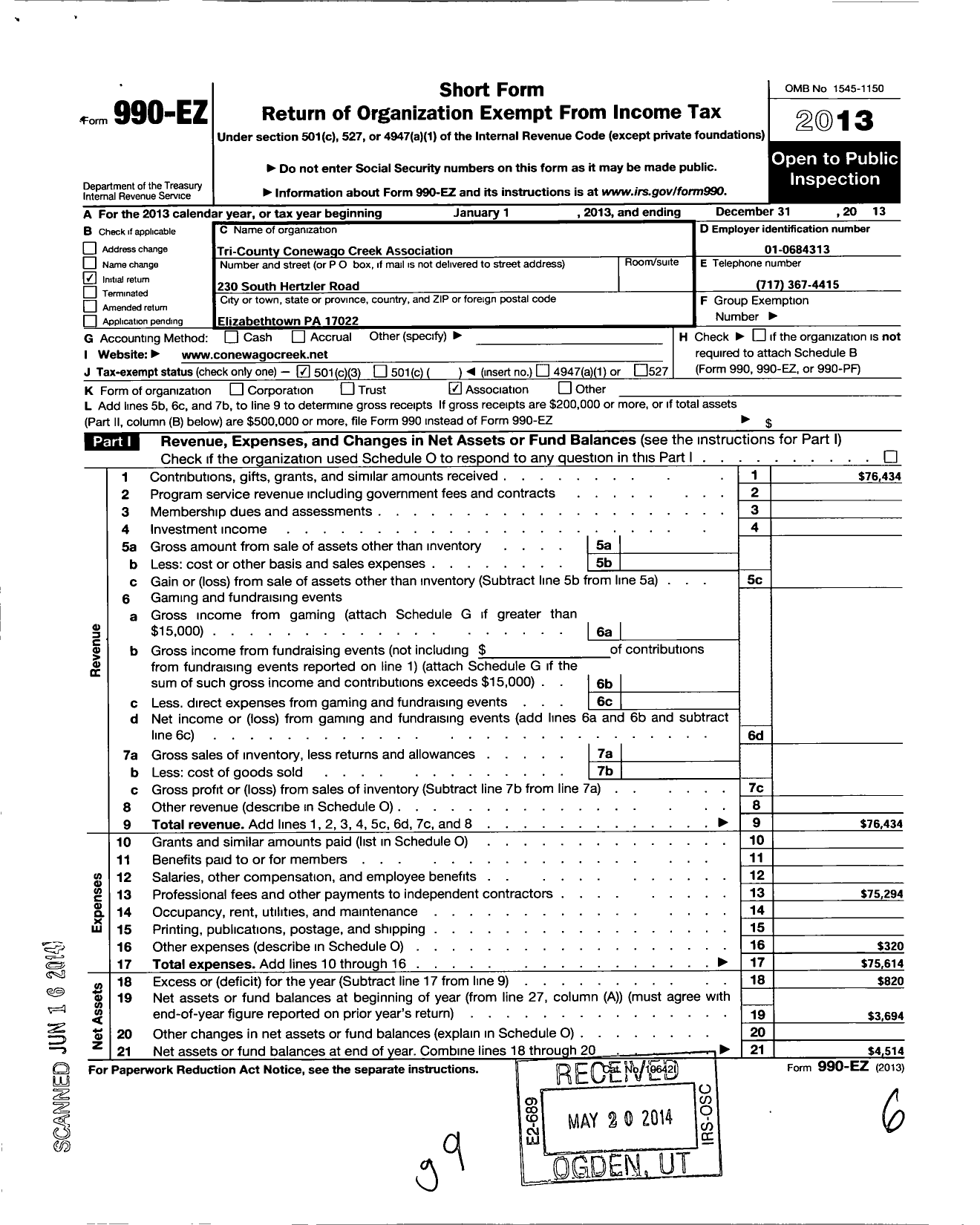 Image of first page of 2013 Form 990EZ for Tri-County Conewago Creek Association