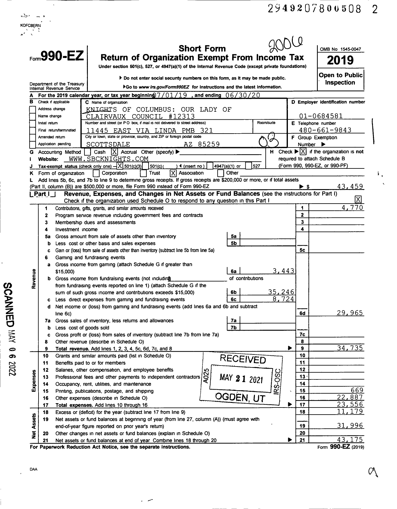 Image of first page of 2019 Form 990EZ for Knights of Columbus - 12313 Our Lady of Clairvaux Council