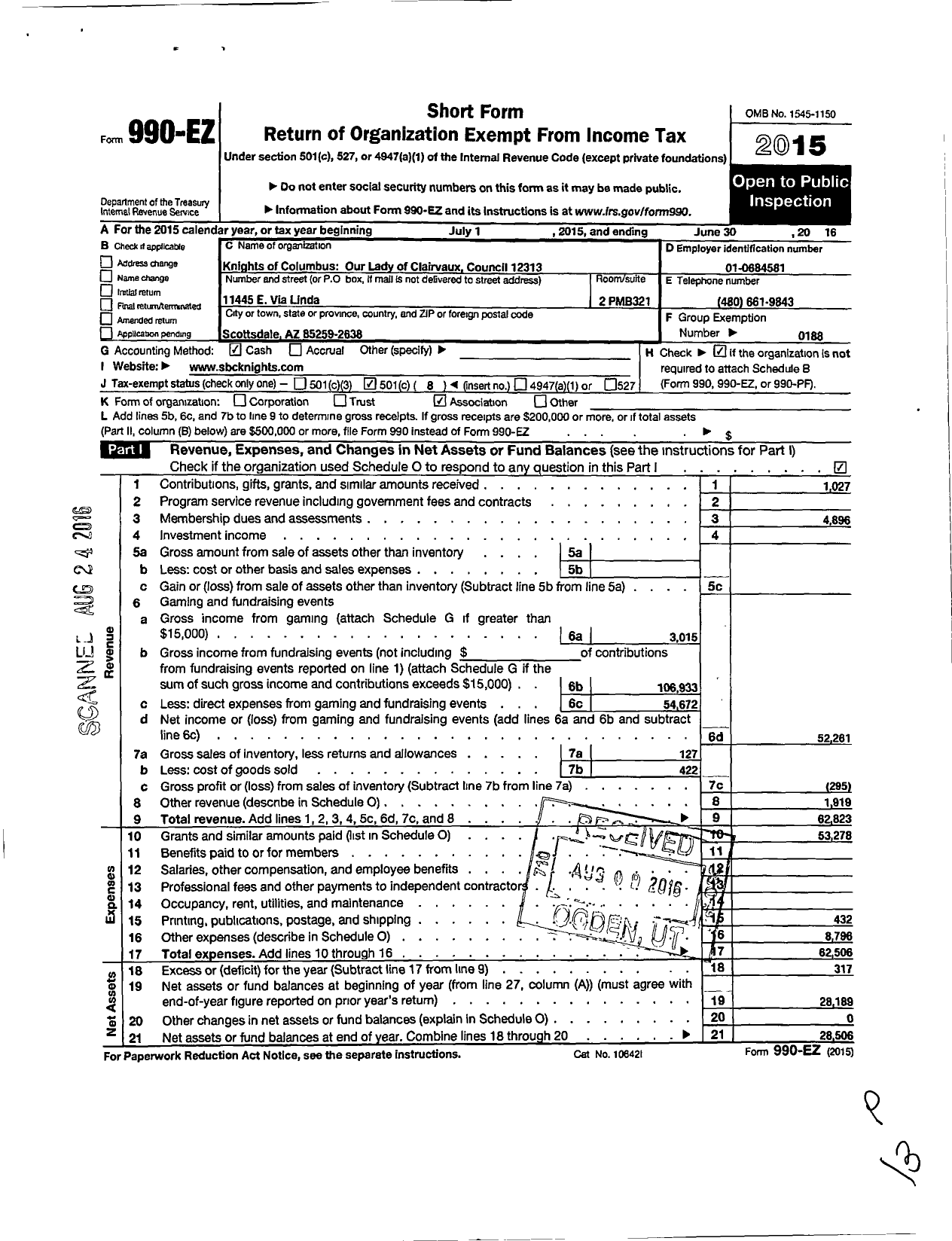 Image of first page of 2015 Form 990EO for Knights of Columbus - 12313 Our Lady of Clairvaux Council