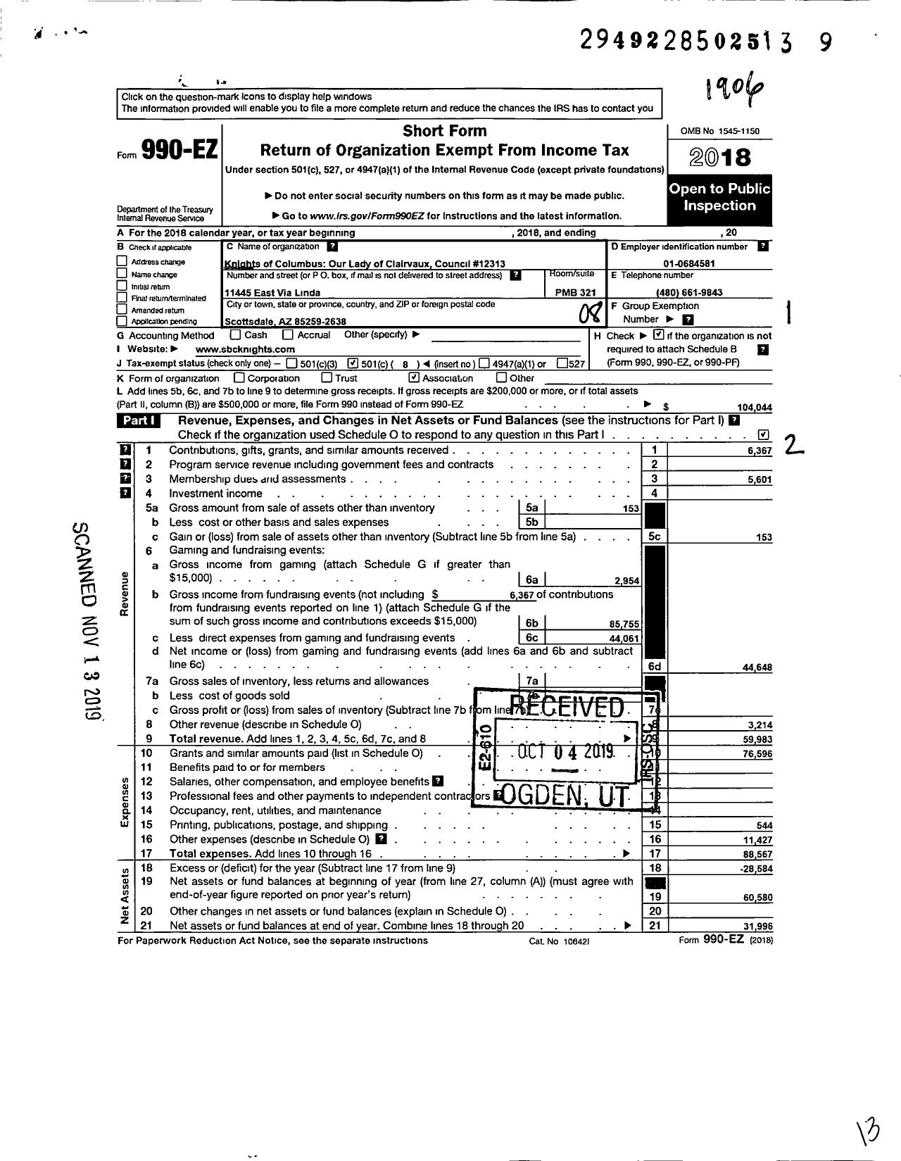 Image of first page of 2018 Form 990EO for Knights of Columbus - 12313 Our Lady of Clairvaux Council