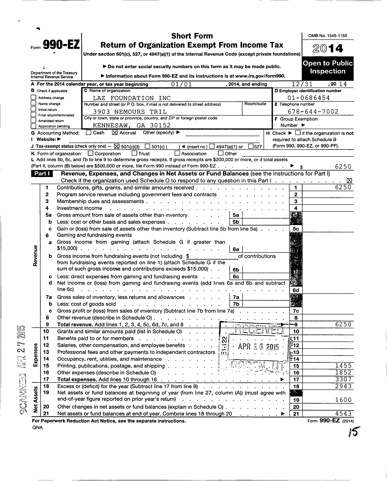 Image of first page of 2014 Form 990EZ for Laz Foundation