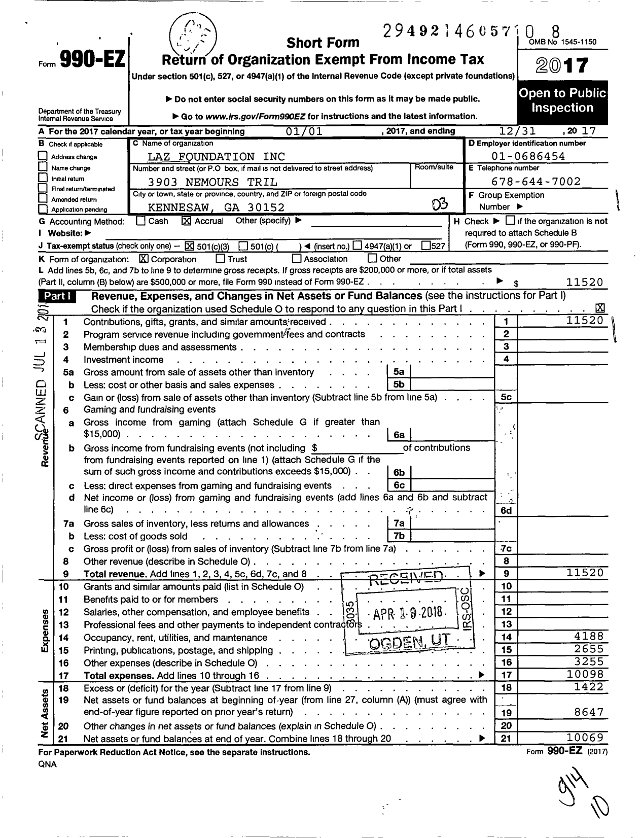 Image of first page of 2017 Form 990EZ for Laz Foundation