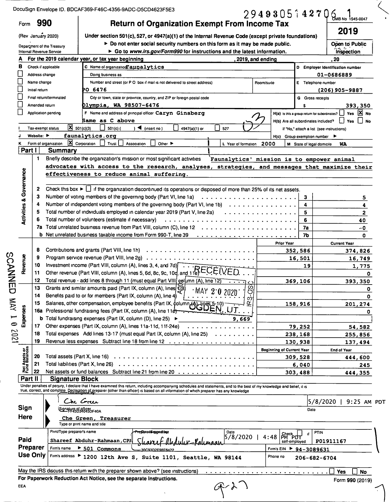 Image of first page of 2019 Form 990 for Faunalytics