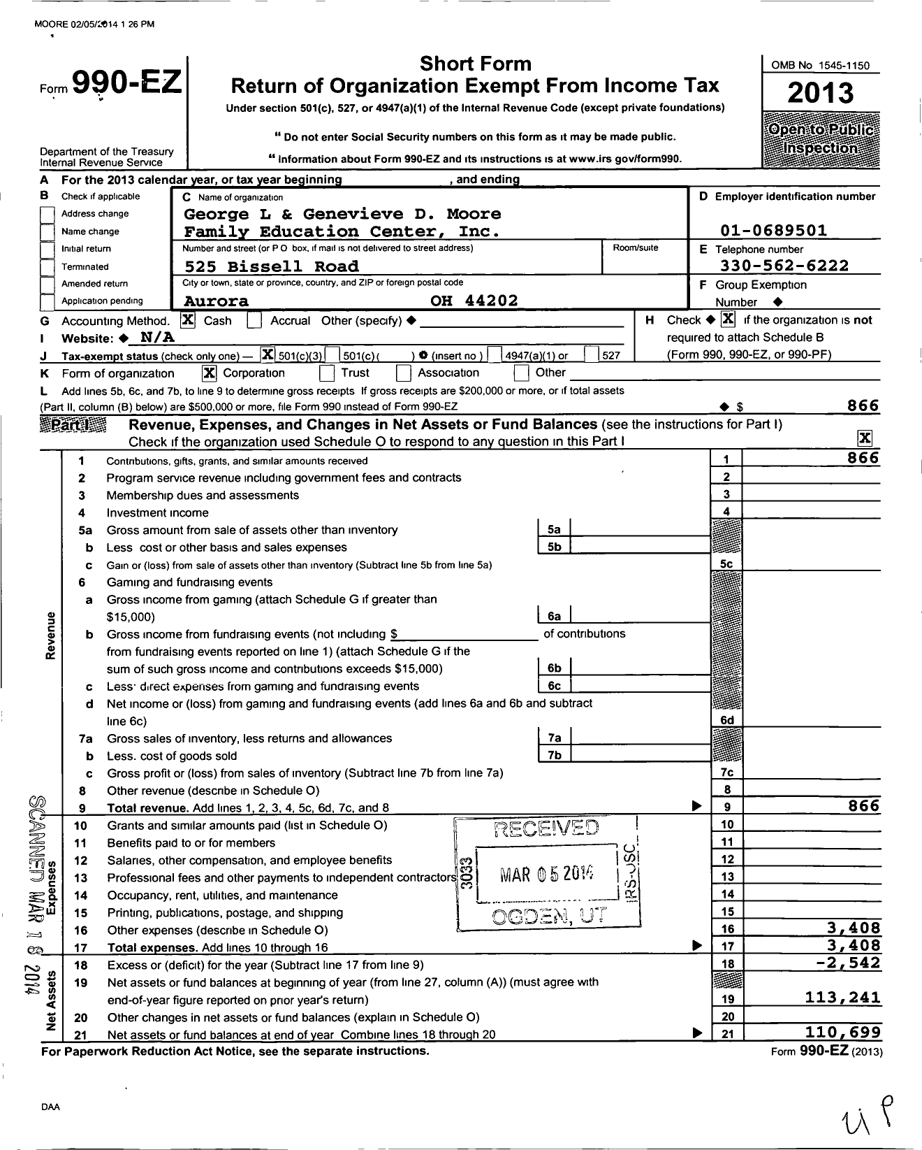 Image of first page of 2013 Form 990EZ for George L and Genevieve D Moore