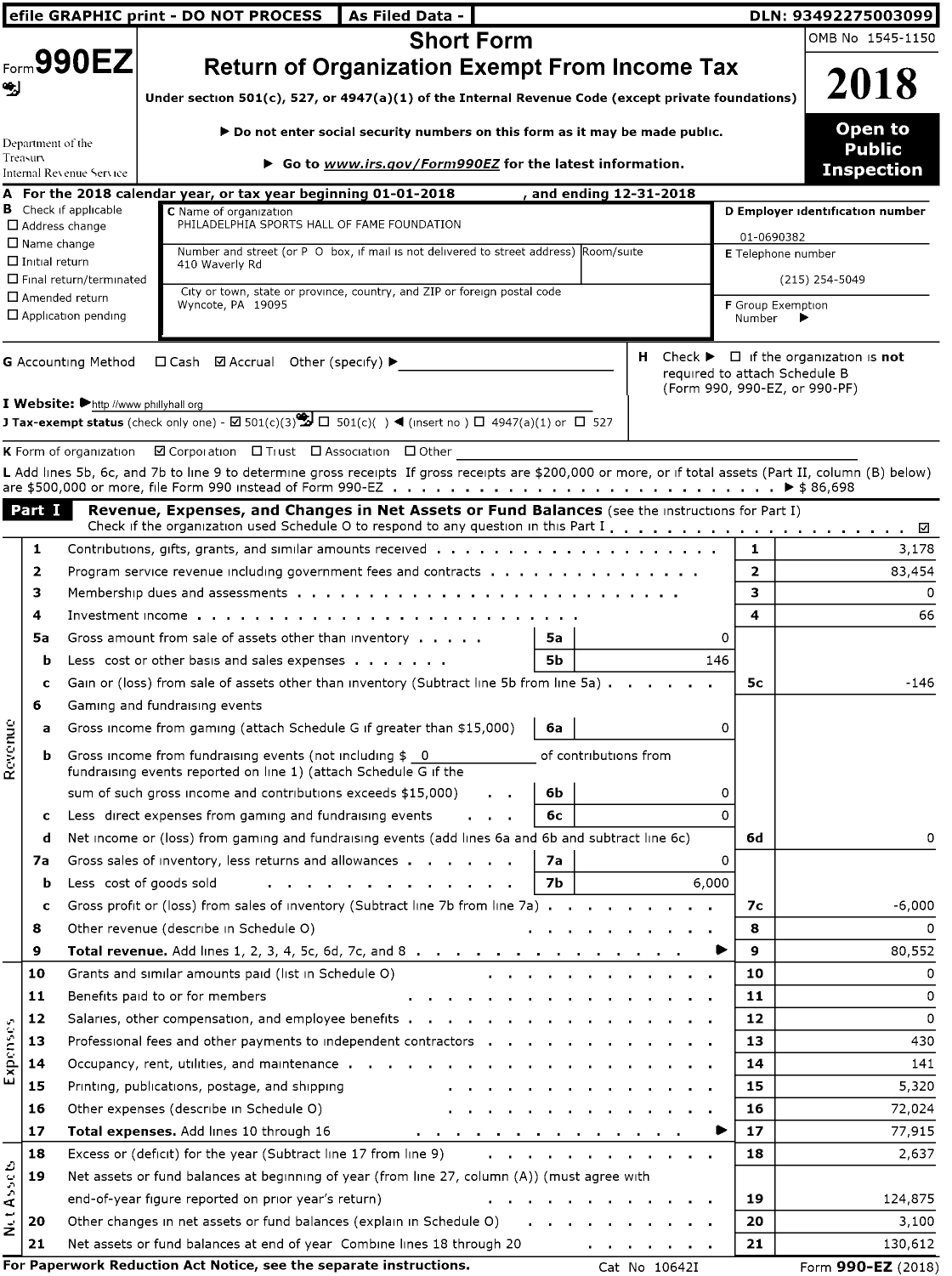 Image of first page of 2018 Form 990EZ for Philadelphia Sports Hall of Fame Foundation