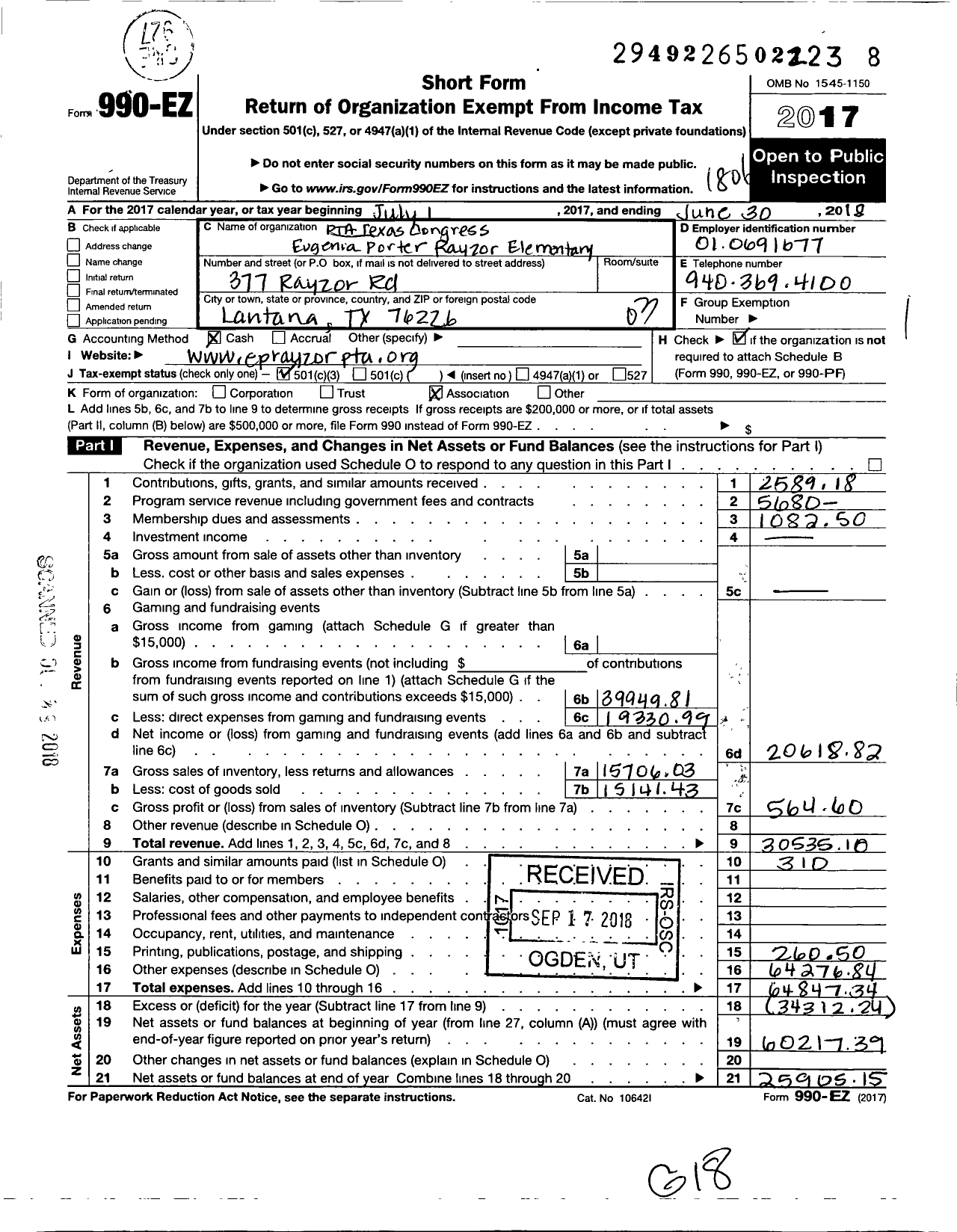 Image of first page of 2017 Form 990EZ for TEXAS PTA - 10265 Eugenia Porter Rayzor Elem