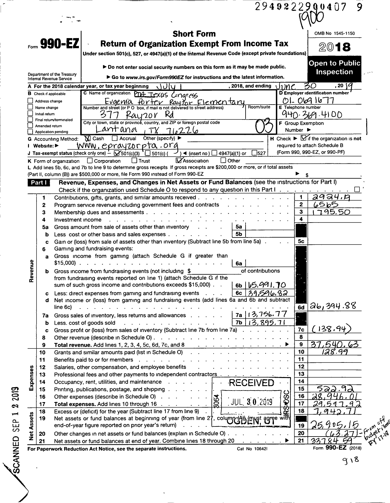 Image of first page of 2018 Form 990EZ for TEXAS PTA - 10265 Eugenia Porter Rayzor Elem