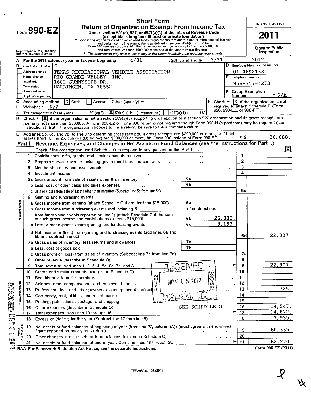 Image of first page of 2011 Form 990EO for Texas Recreational Vehicle Association - Rio Grande Valley