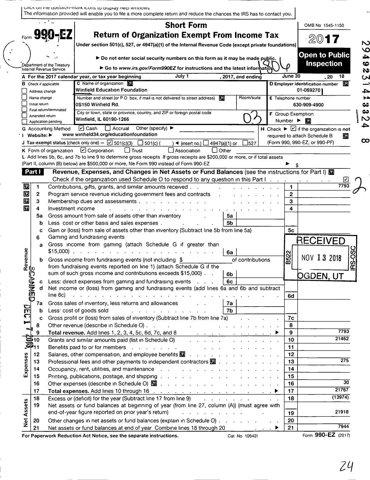 Image of first page of 2017 Form 990EZ for Winfield Educational Foundation