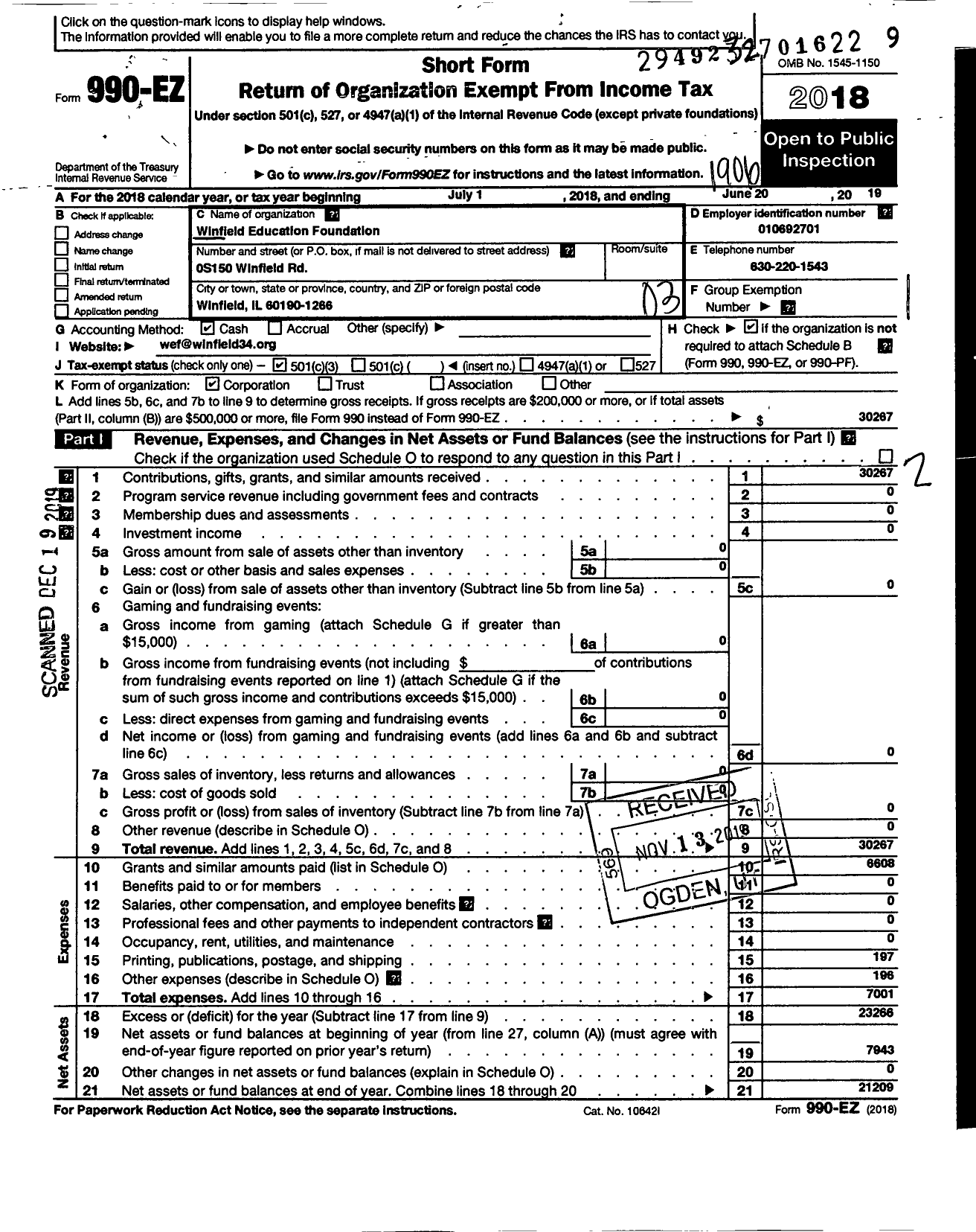 Image of first page of 2018 Form 990EZ for Winfield Educational Foundation