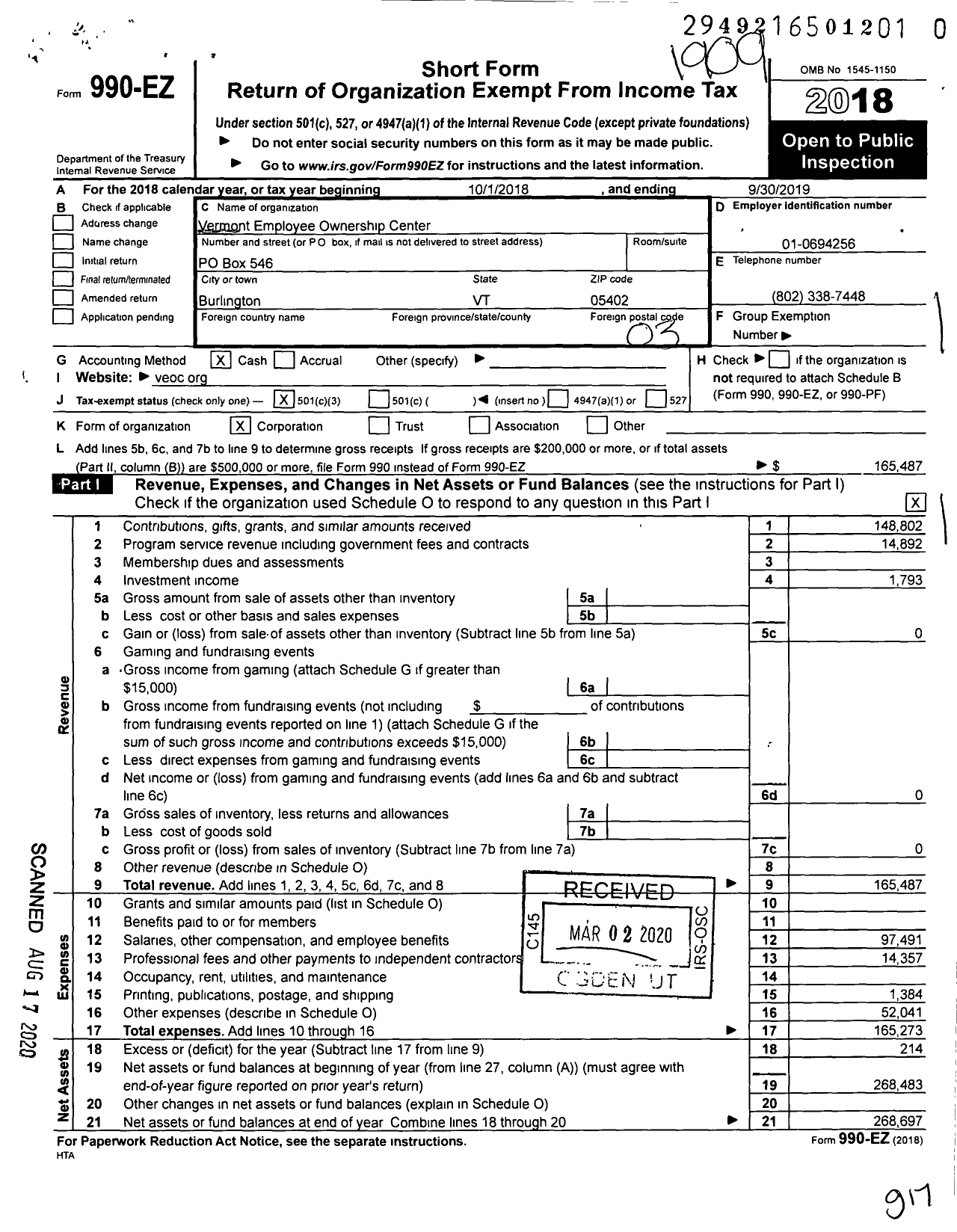 Image of first page of 2018 Form 990EZ for Vermont Employee Ownership Center