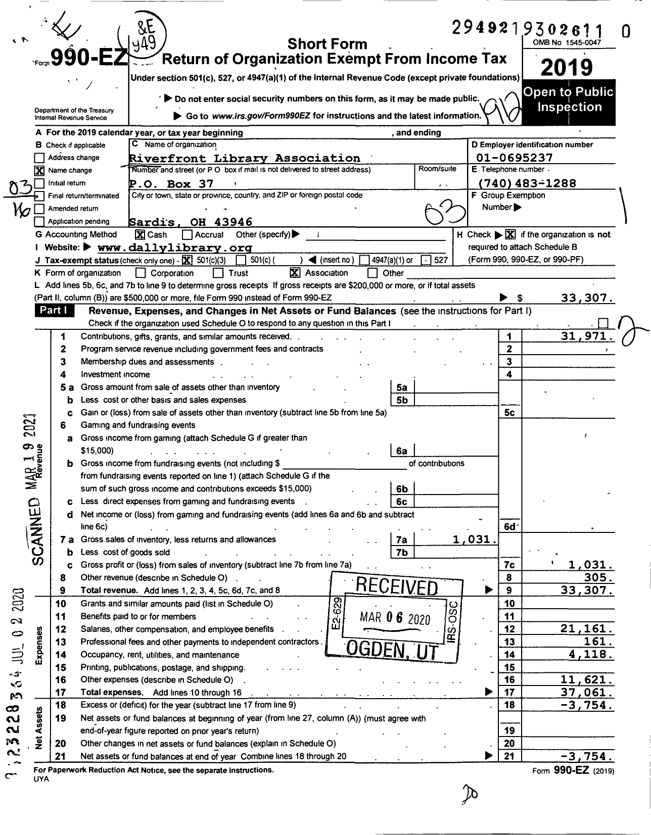 Image of first page of 2019 Form 990EZ for Riverfront Library Association