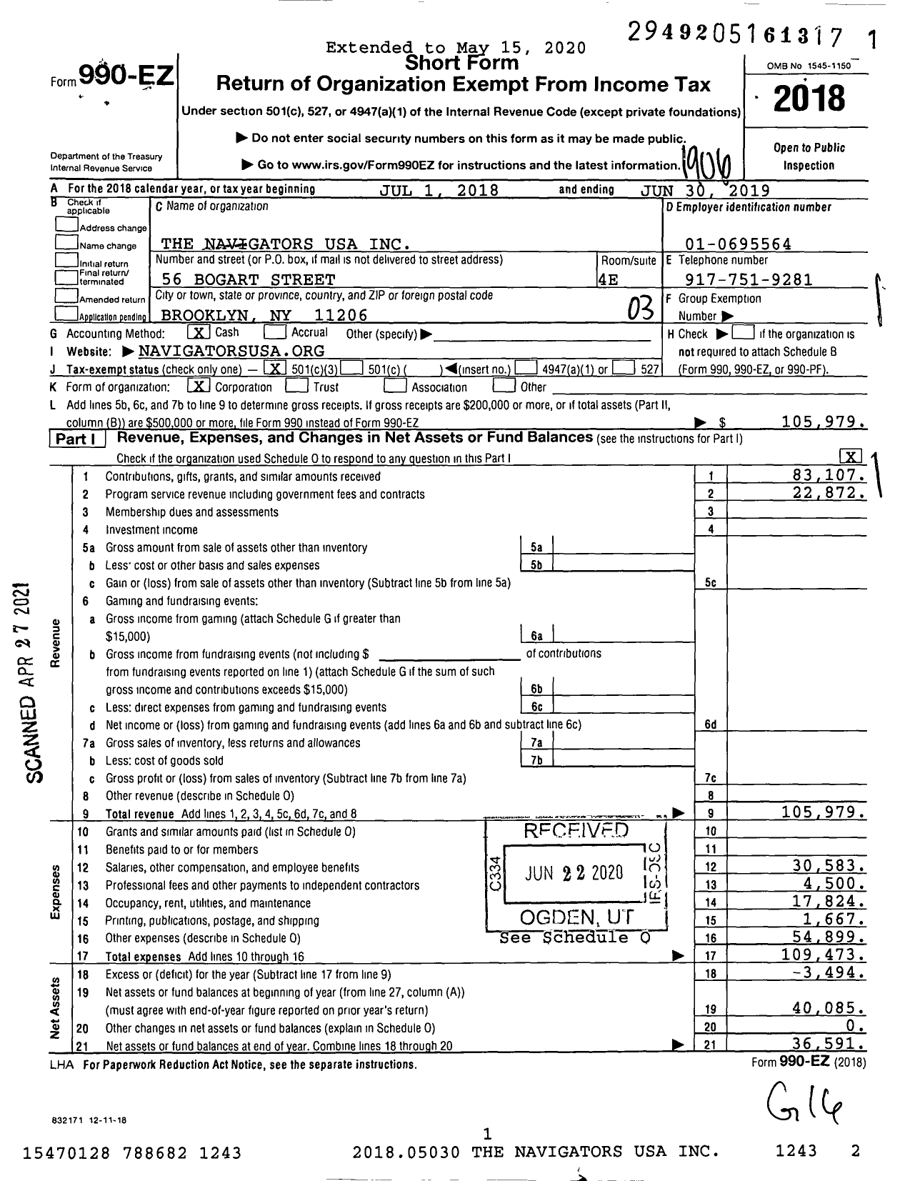 Image of first page of 2018 Form 990EZ for The Navigators USA