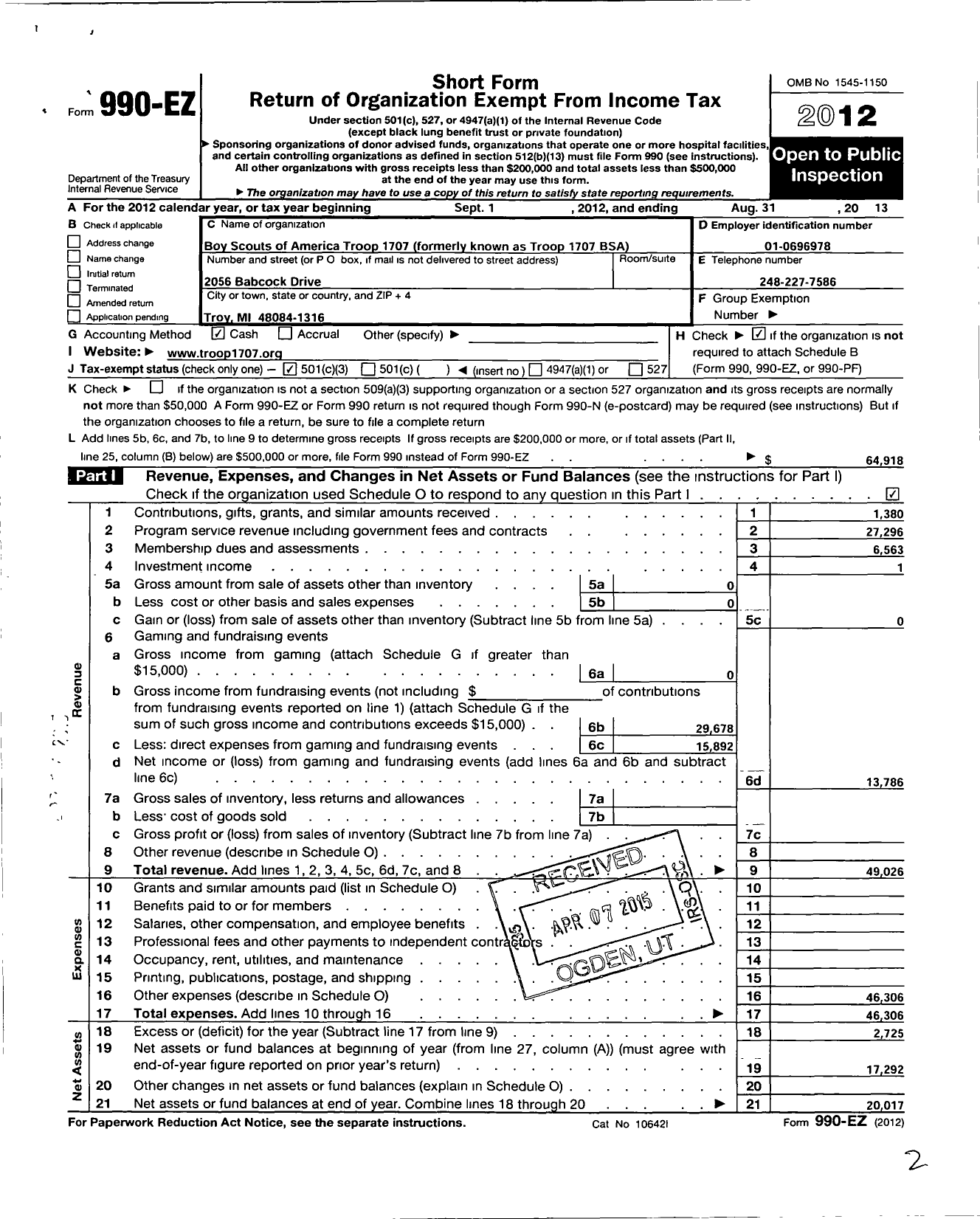 Image of first page of 2012 Form 990EZ for Boy Scouts of America NTL Council
