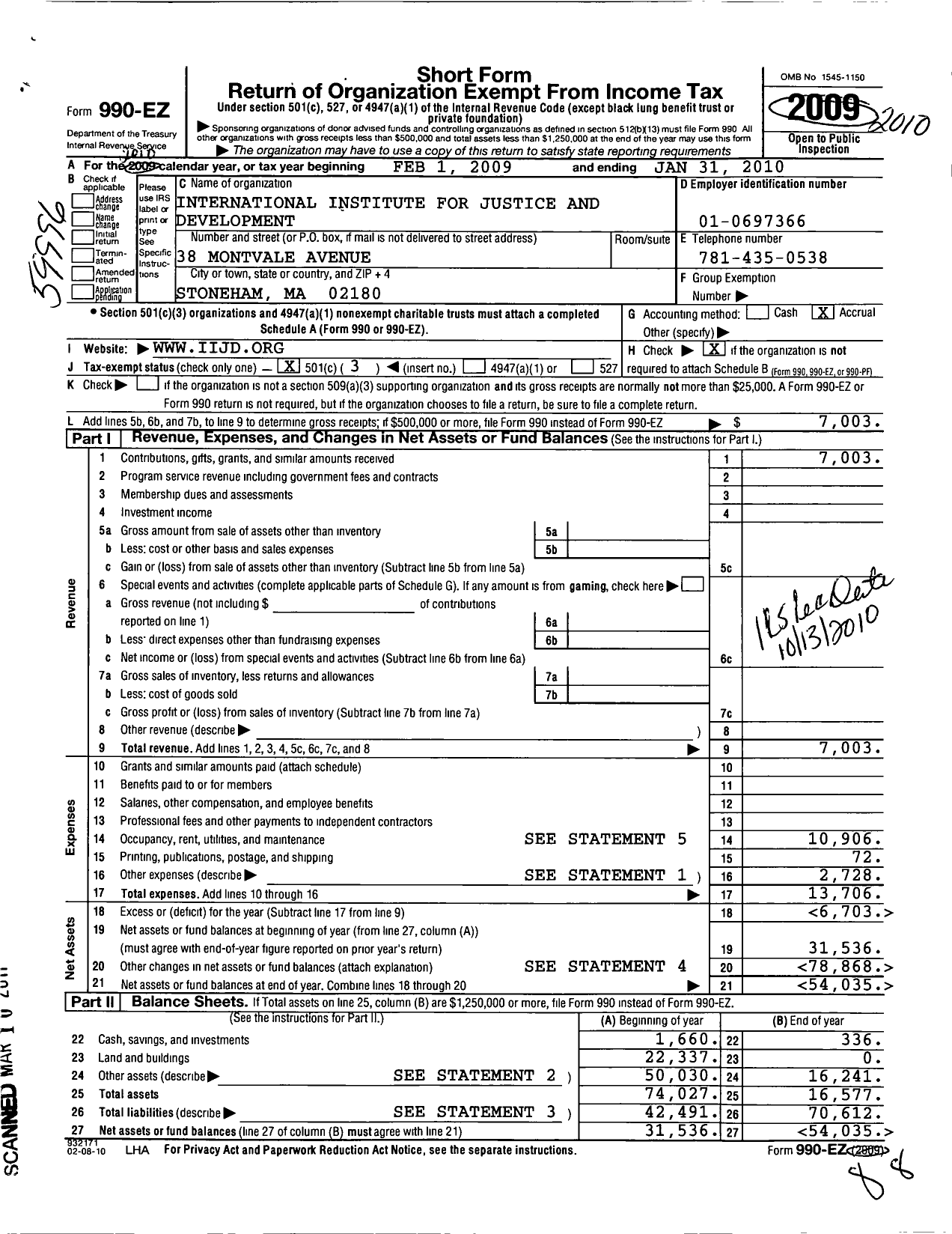 Image of first page of 2009 Form 990EZ for International Institute for Justice and Development