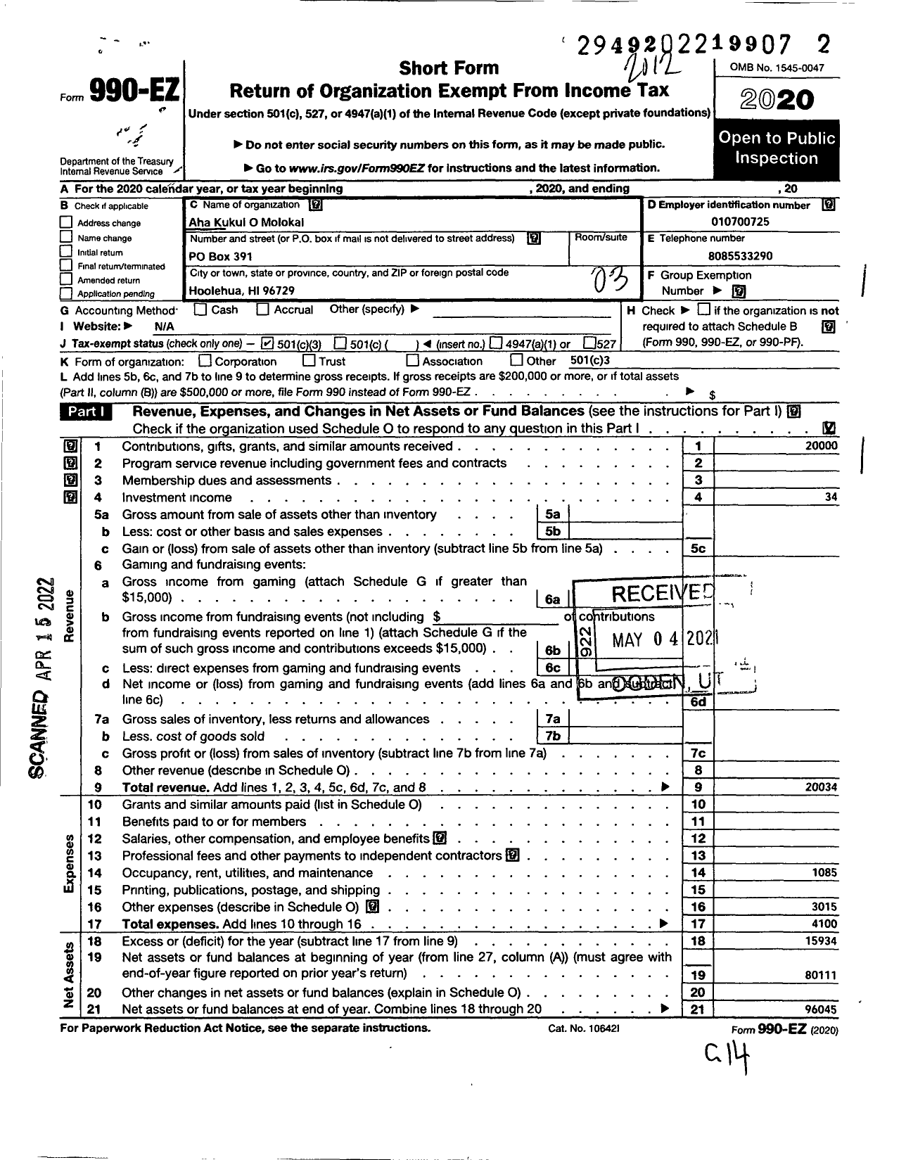 Image of first page of 2020 Form 990EZ for Aha Kukui O Molokai