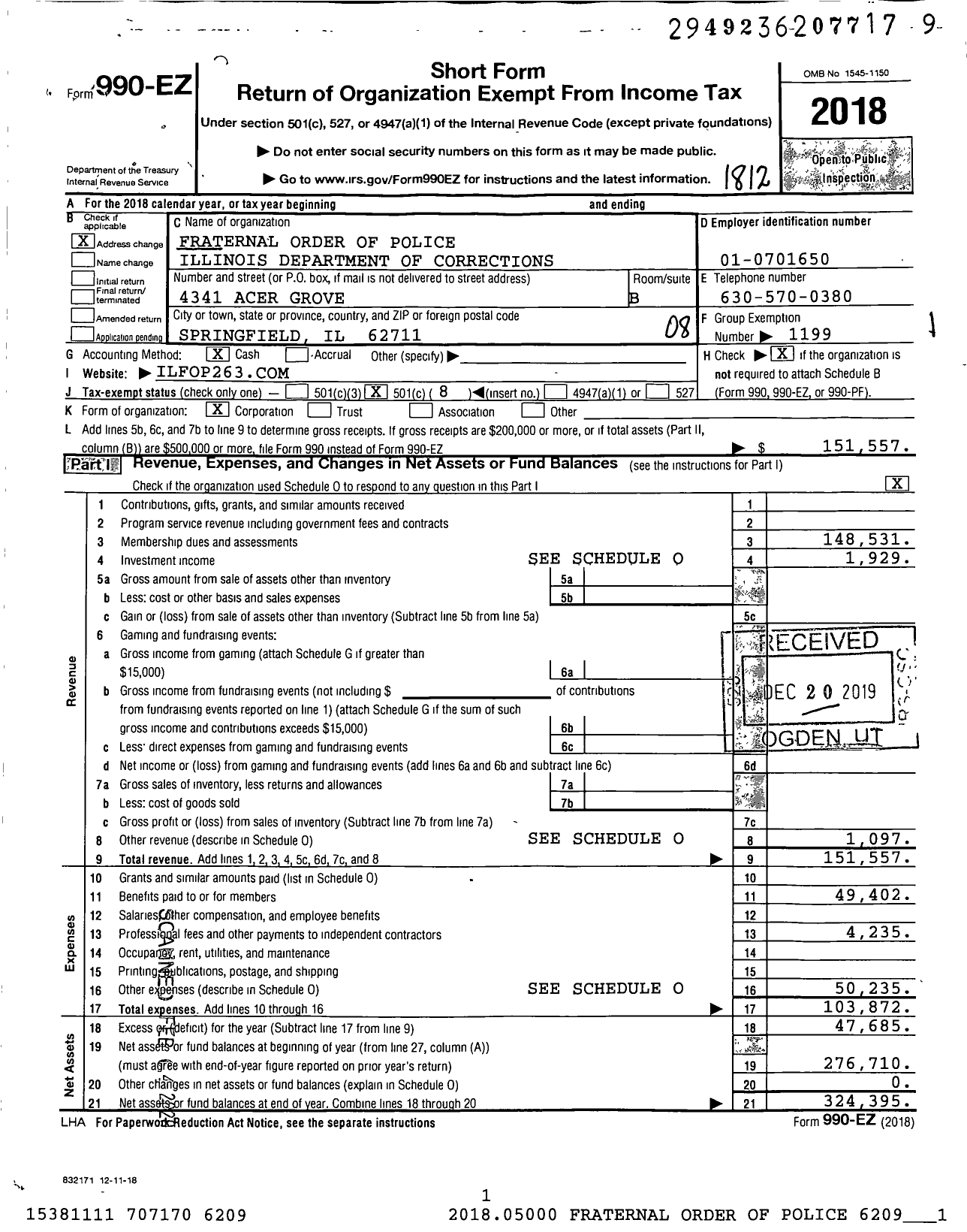 Image of first page of 2018 Form 990EO for Fraternal Order Of Police - 263 Il Dept Of Corrections Lodge