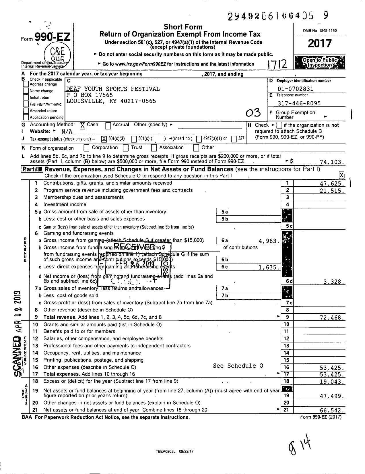 Image of first page of 2017 Form 990EZ for Deaf Youth Sports Festival