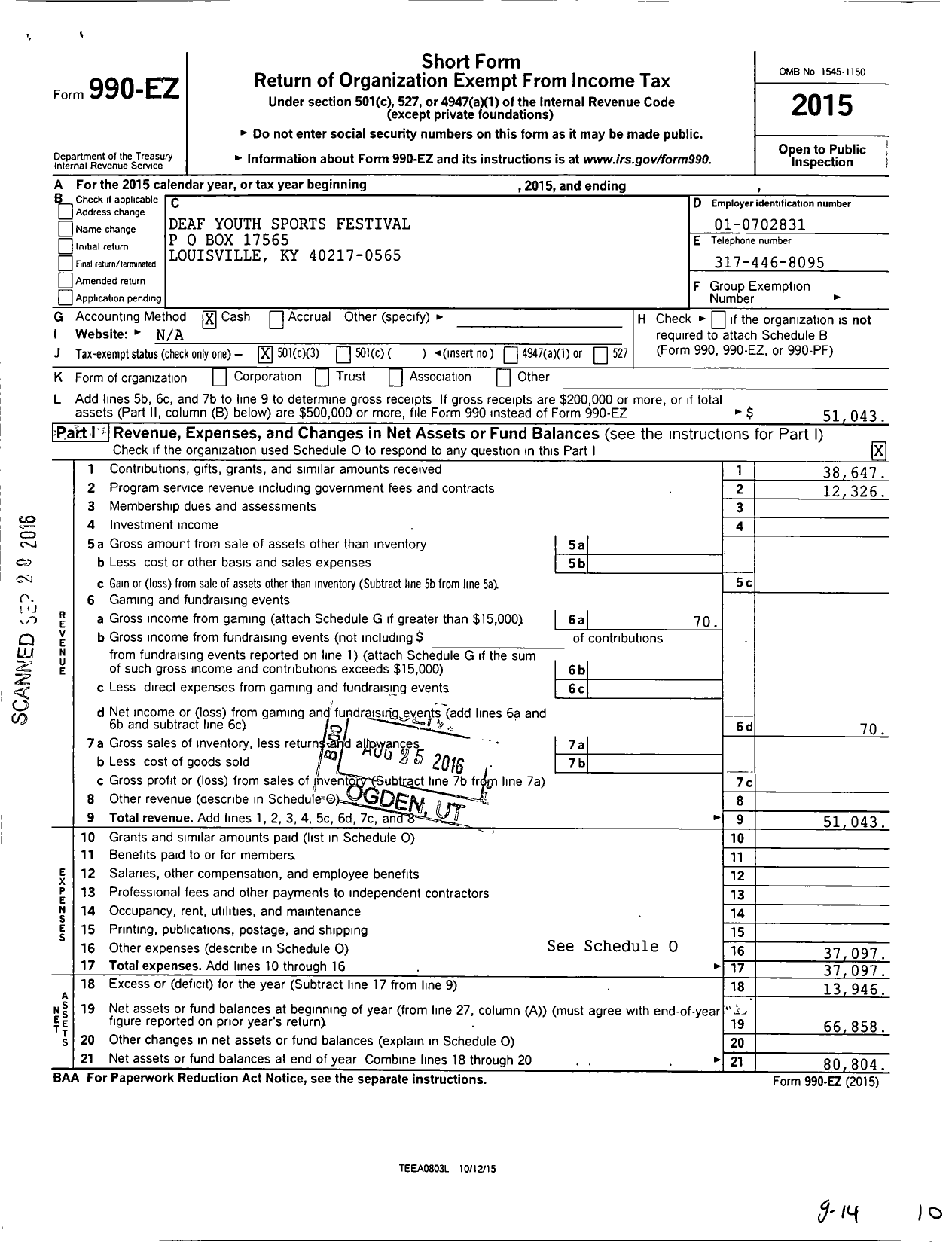 Image of first page of 2015 Form 990EZ for Deaf Youth Sports Festival