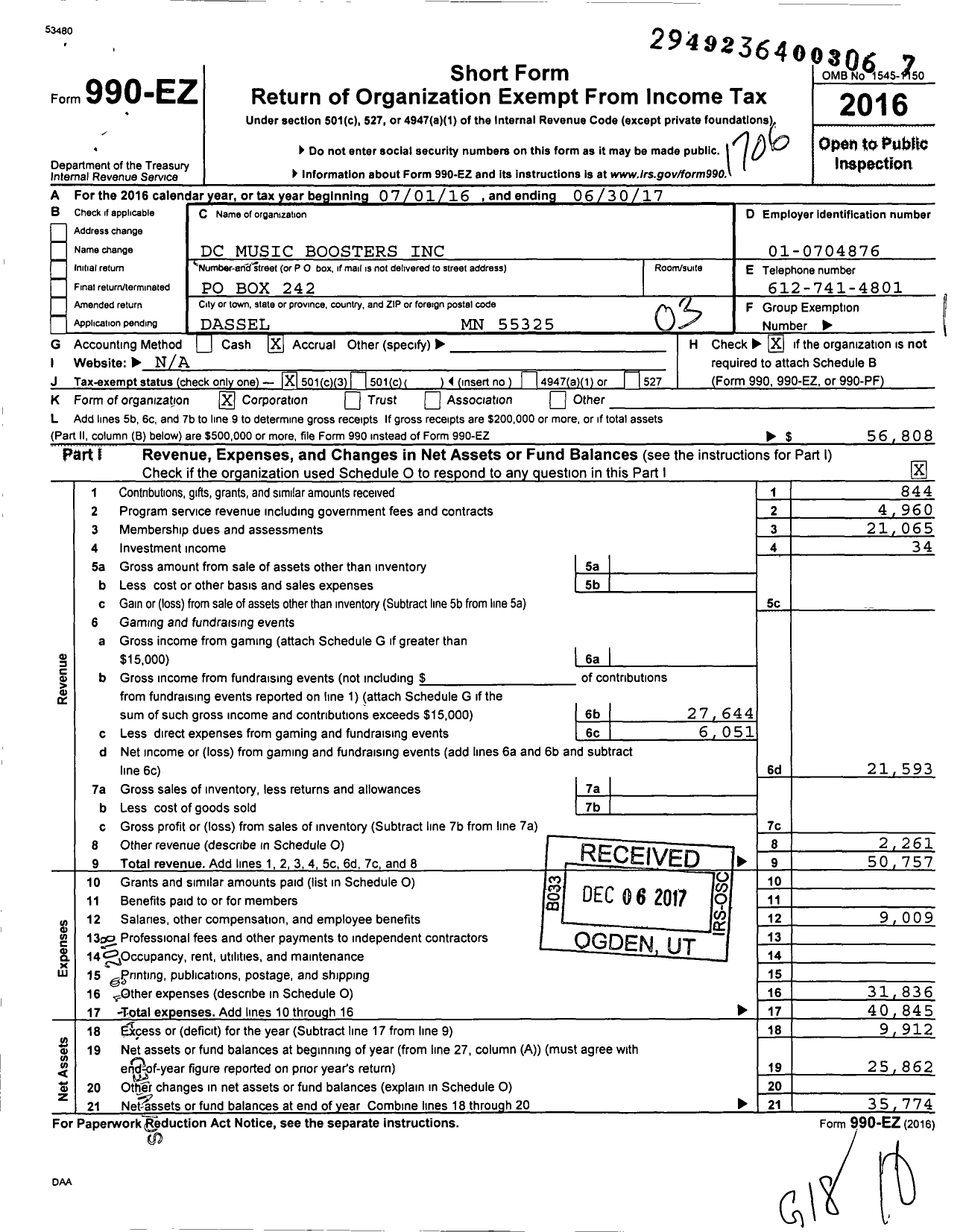 Image of first page of 2016 Form 990EZ for DC Music Boosters