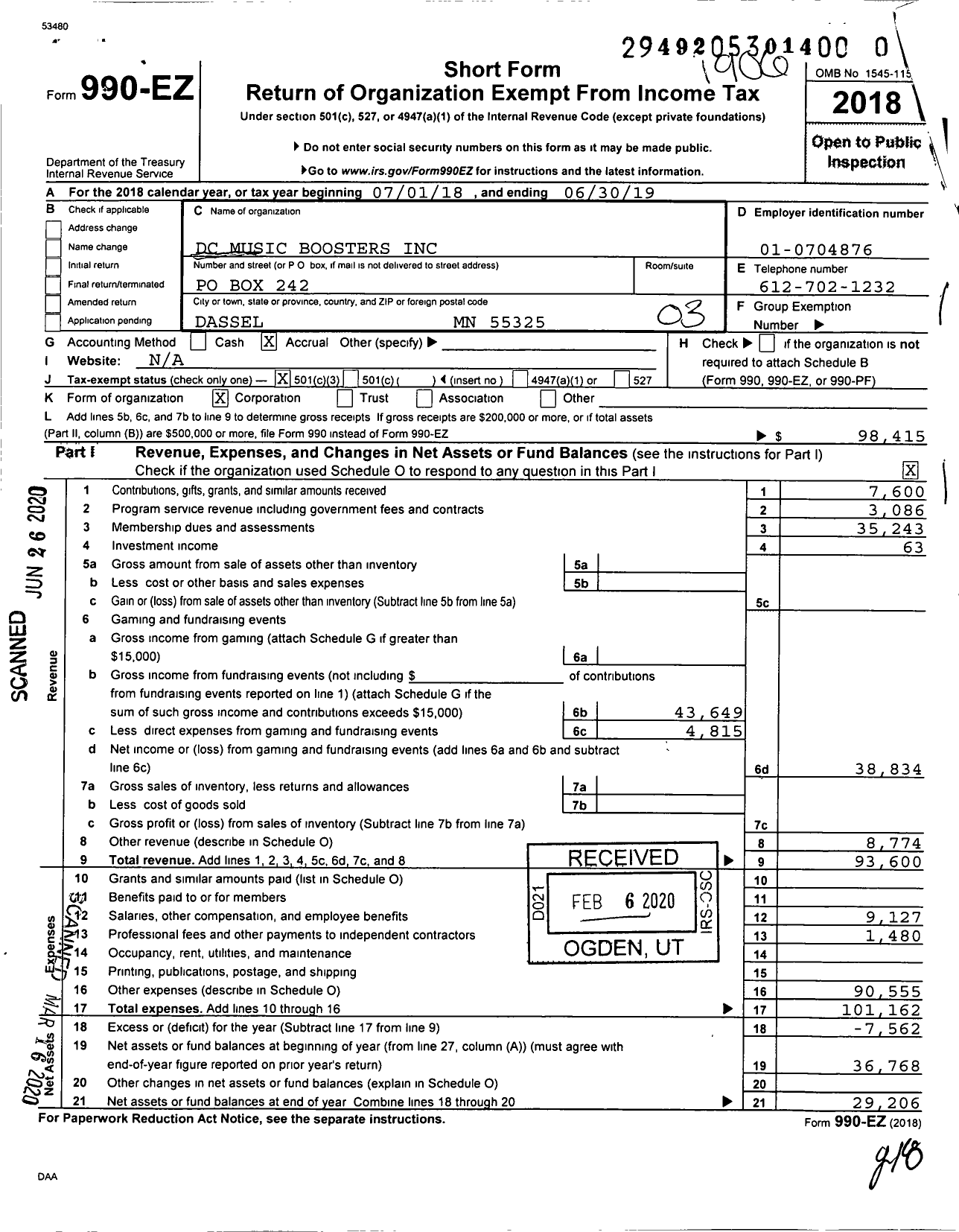 Image of first page of 2018 Form 990EZ for DC Music Boosters