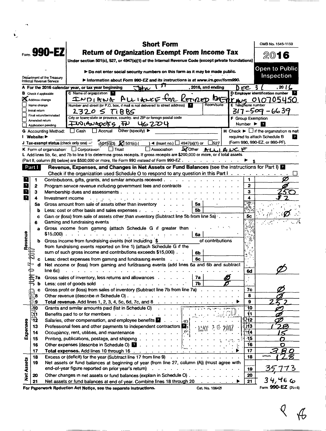 Image of first page of 2016 Form 990EO for Alliance for Retired Americans