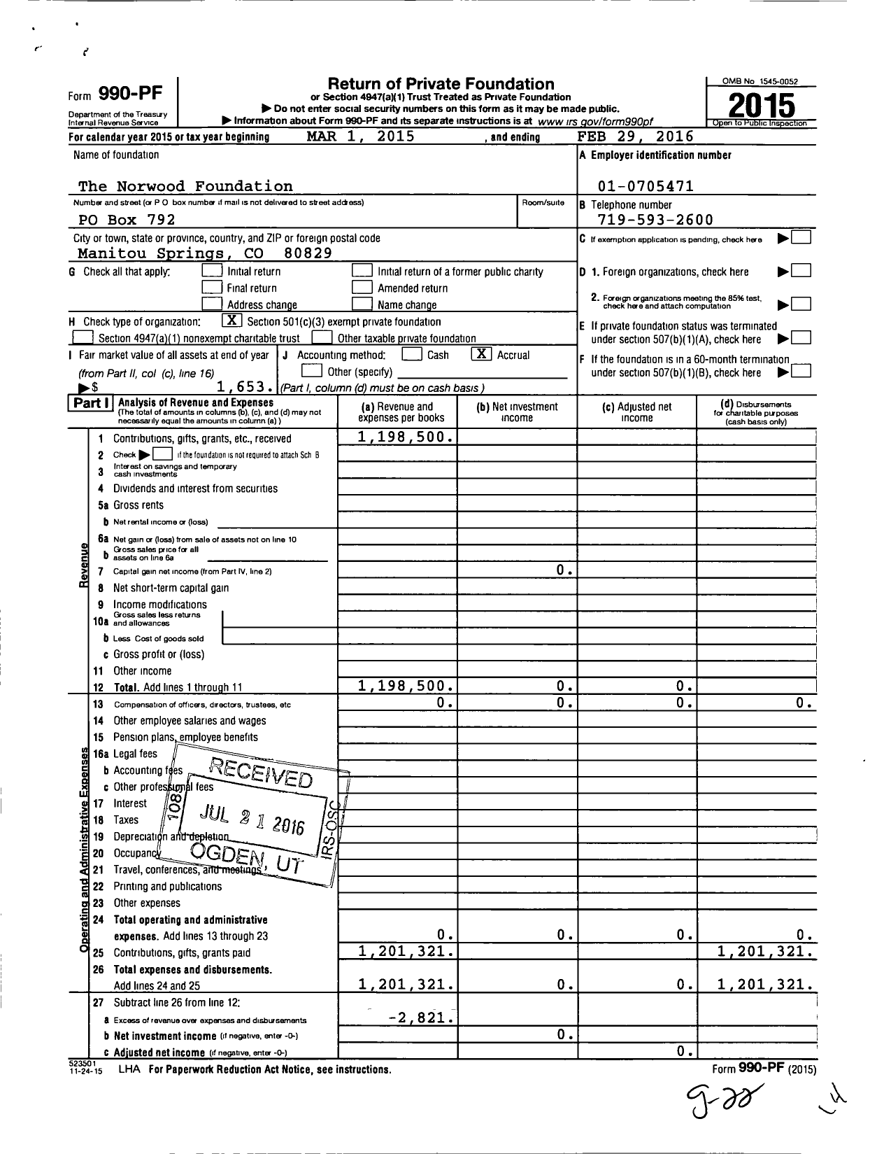 Image of first page of 2015 Form 990PF for The Norwood Foundation