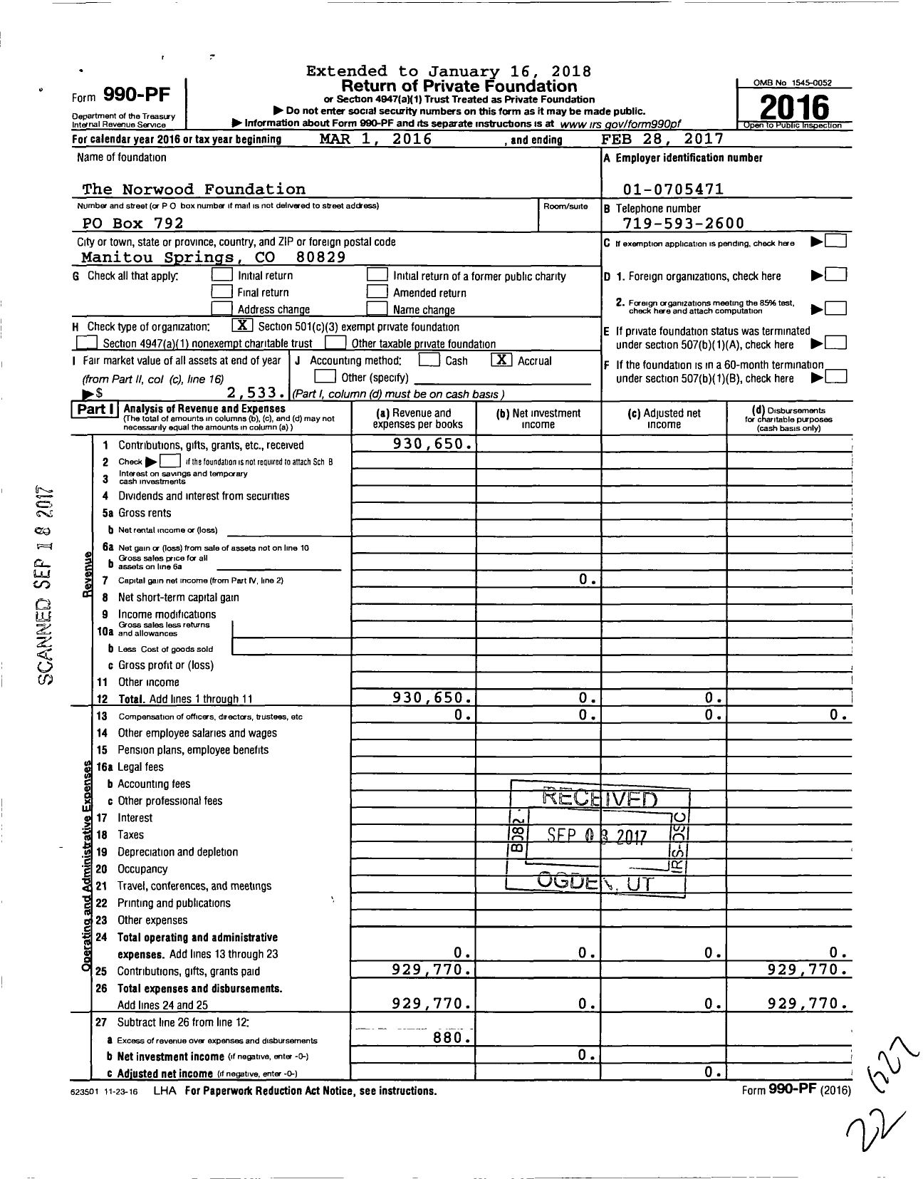 Image of first page of 2016 Form 990PF for The Norwood Foundation