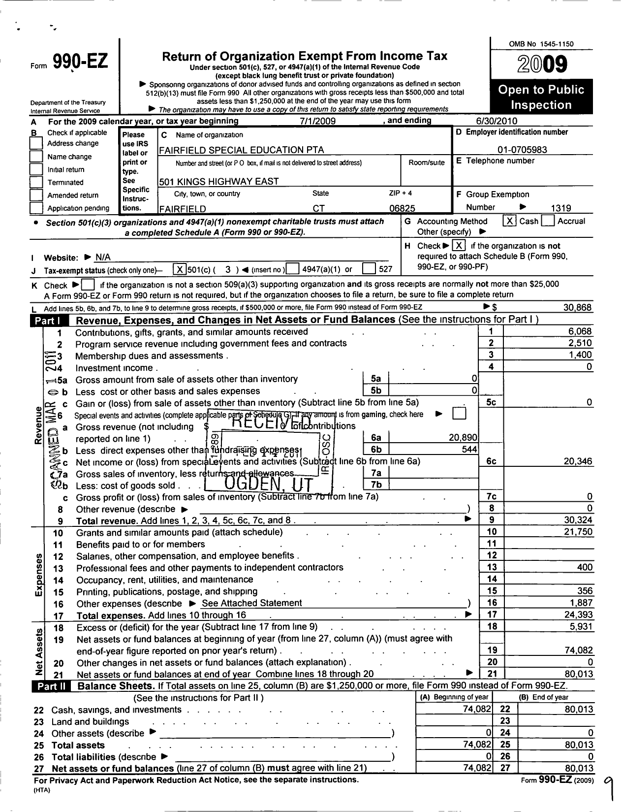 Image of first page of 2009 Form 990EZ for CT PTA - Fairfield Septa