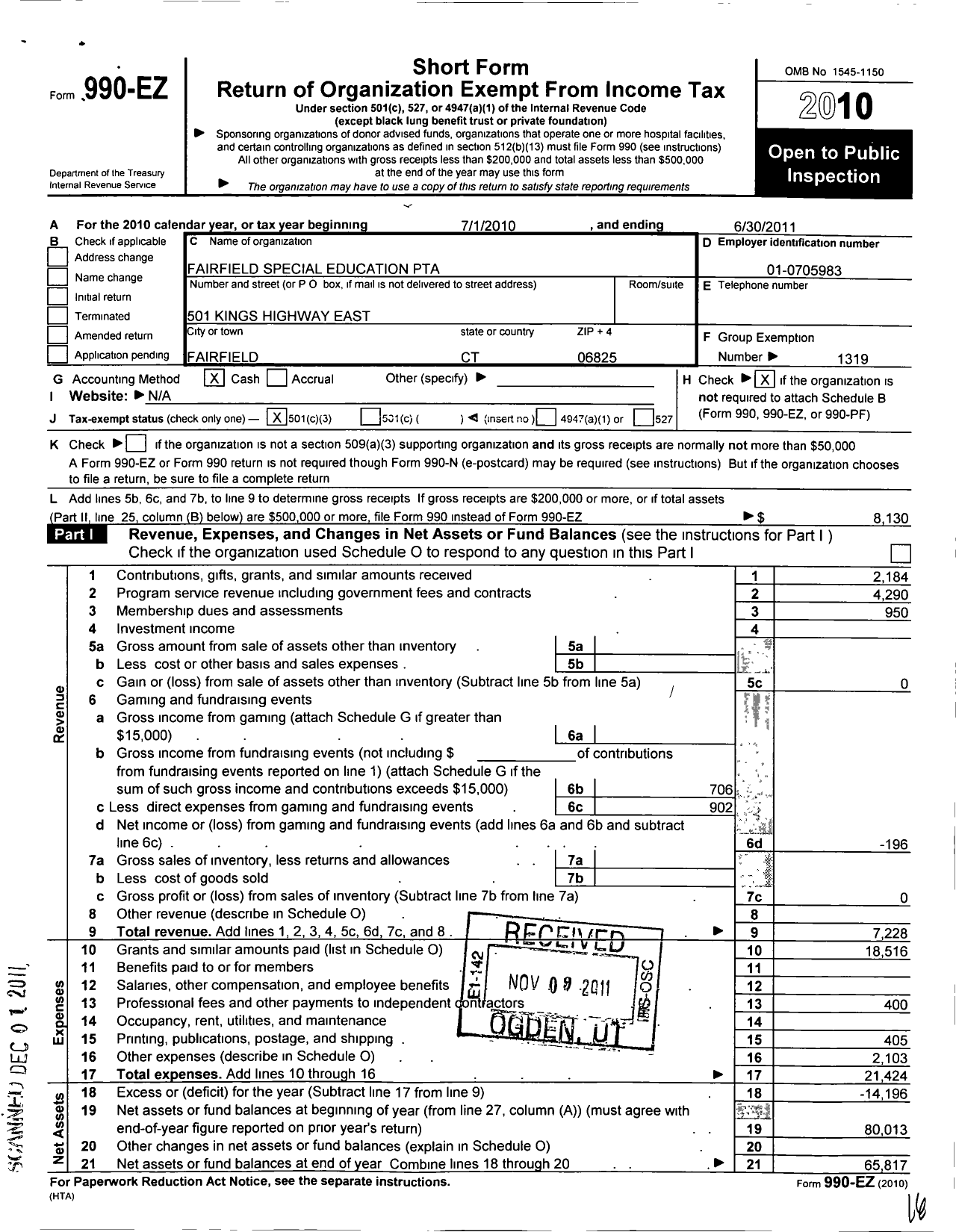 Image of first page of 2010 Form 990EZ for CT PTA - Fairfield Septa