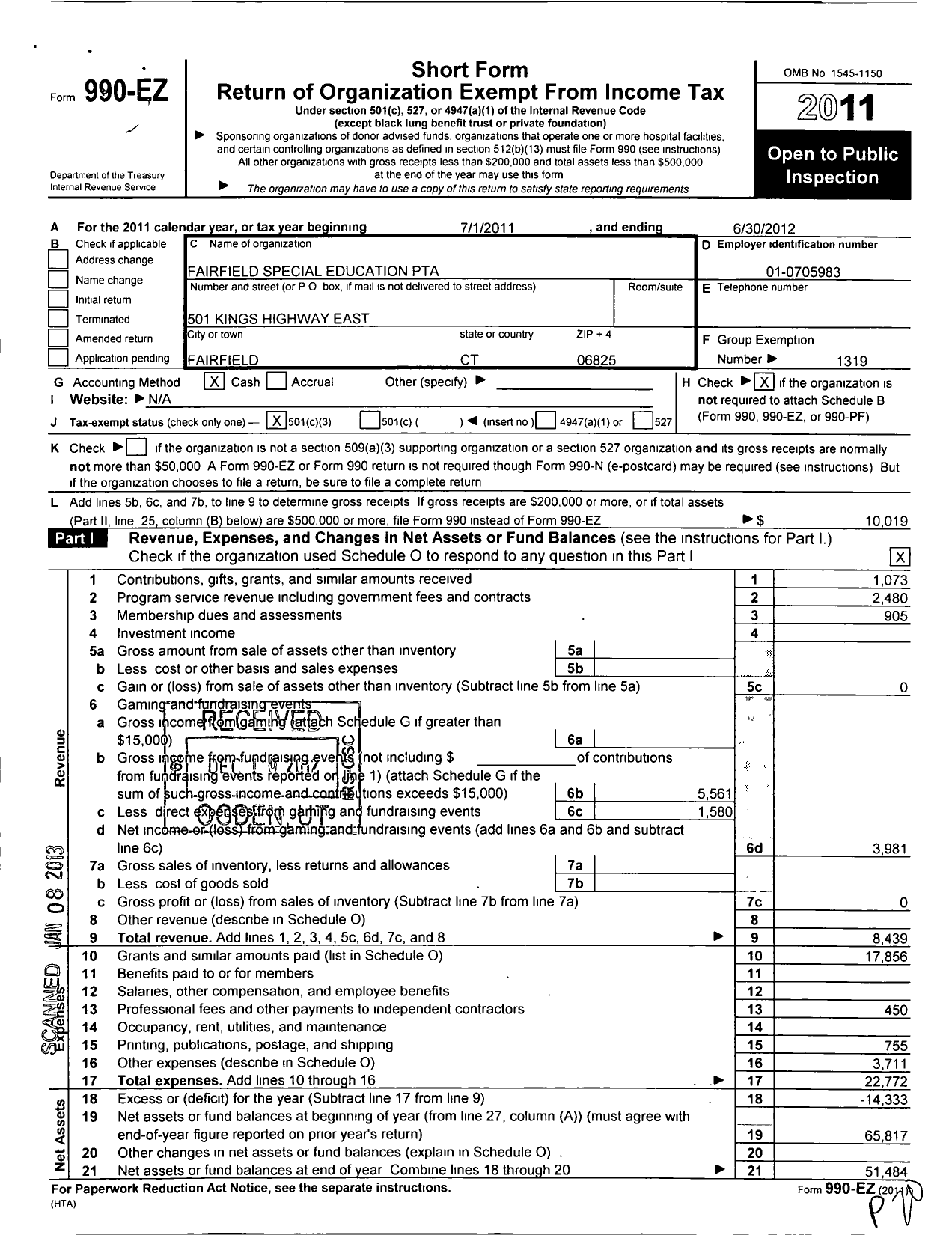 Image of first page of 2011 Form 990EZ for CT PTA - Fairfield Septa