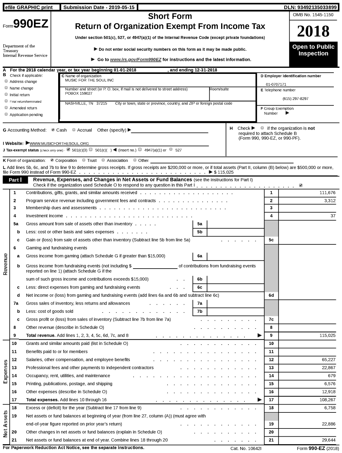 Image of first page of 2018 Form 990EZ for Music for the Soul